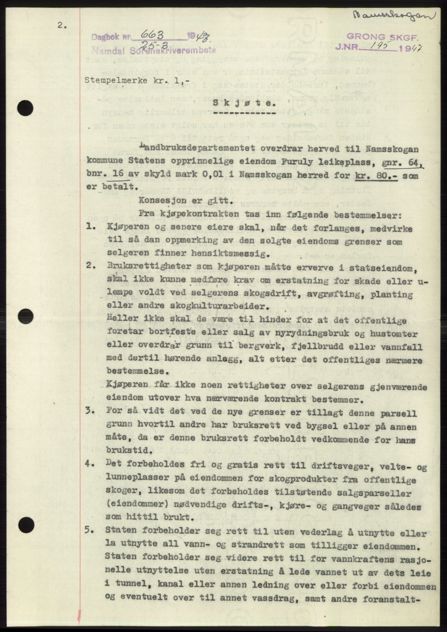 Namdal sorenskriveri, SAT/A-4133/1/2/2C: Pantebok nr. -, 1946-1947, Dagboknr: 663/1947