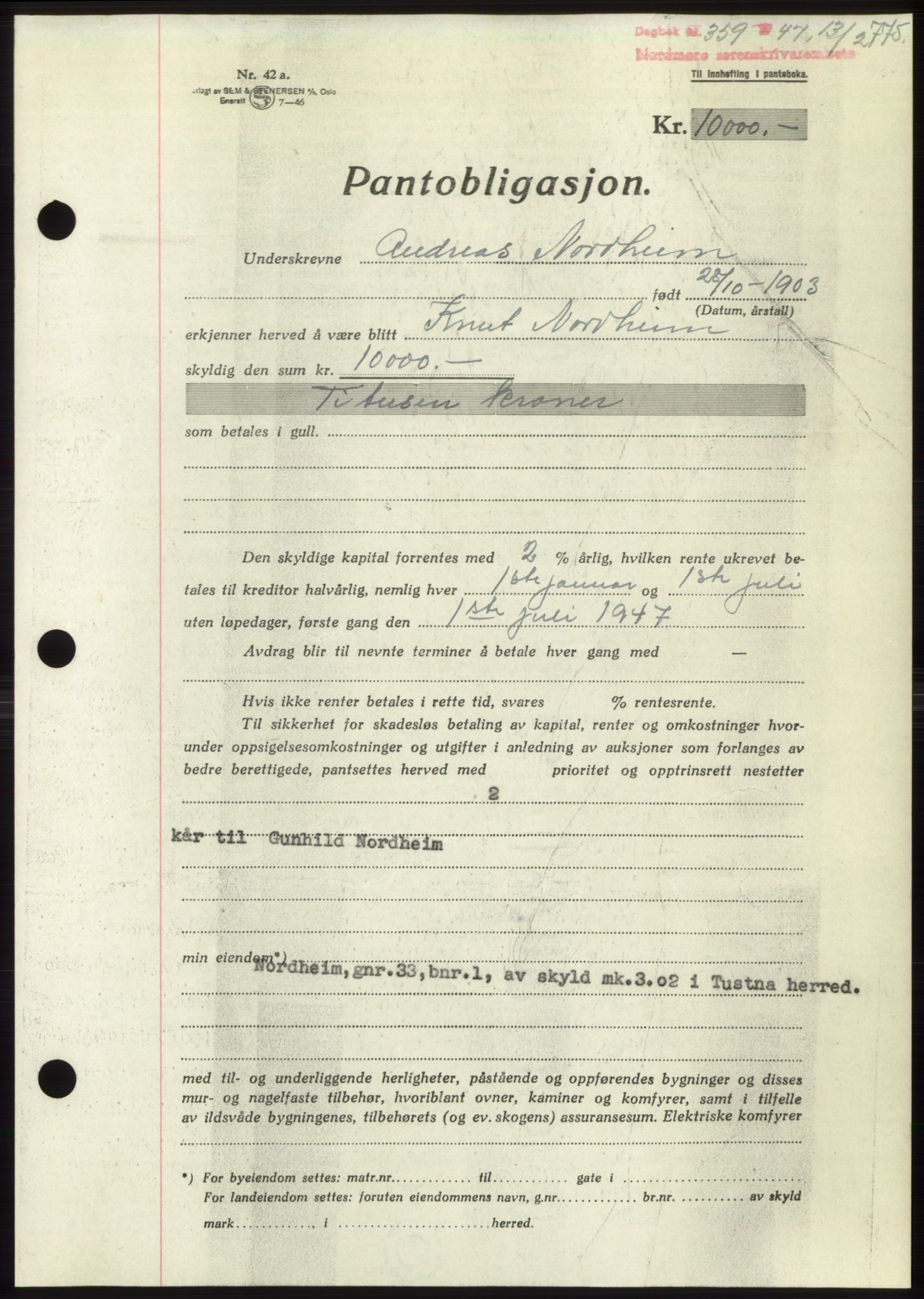 Nordmøre sorenskriveri, SAT/A-4132/1/2/2Ca: Pantebok nr. B95, 1946-1947, Dagboknr: 359/1947