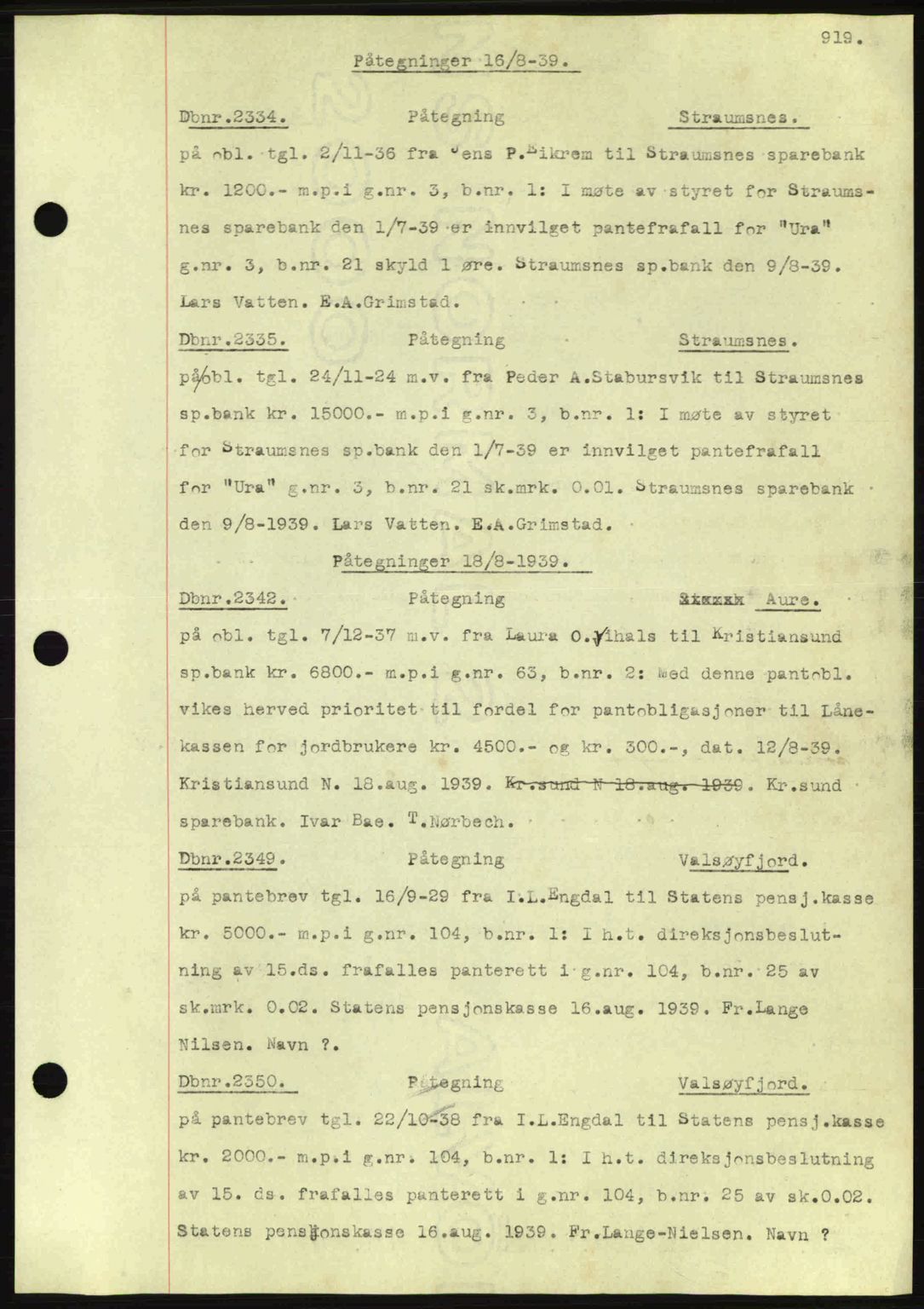 Nordmøre sorenskriveri, SAT/A-4132/1/2/2Ca: Pantebok nr. C80, 1936-1939, Dagboknr: 2334/1939