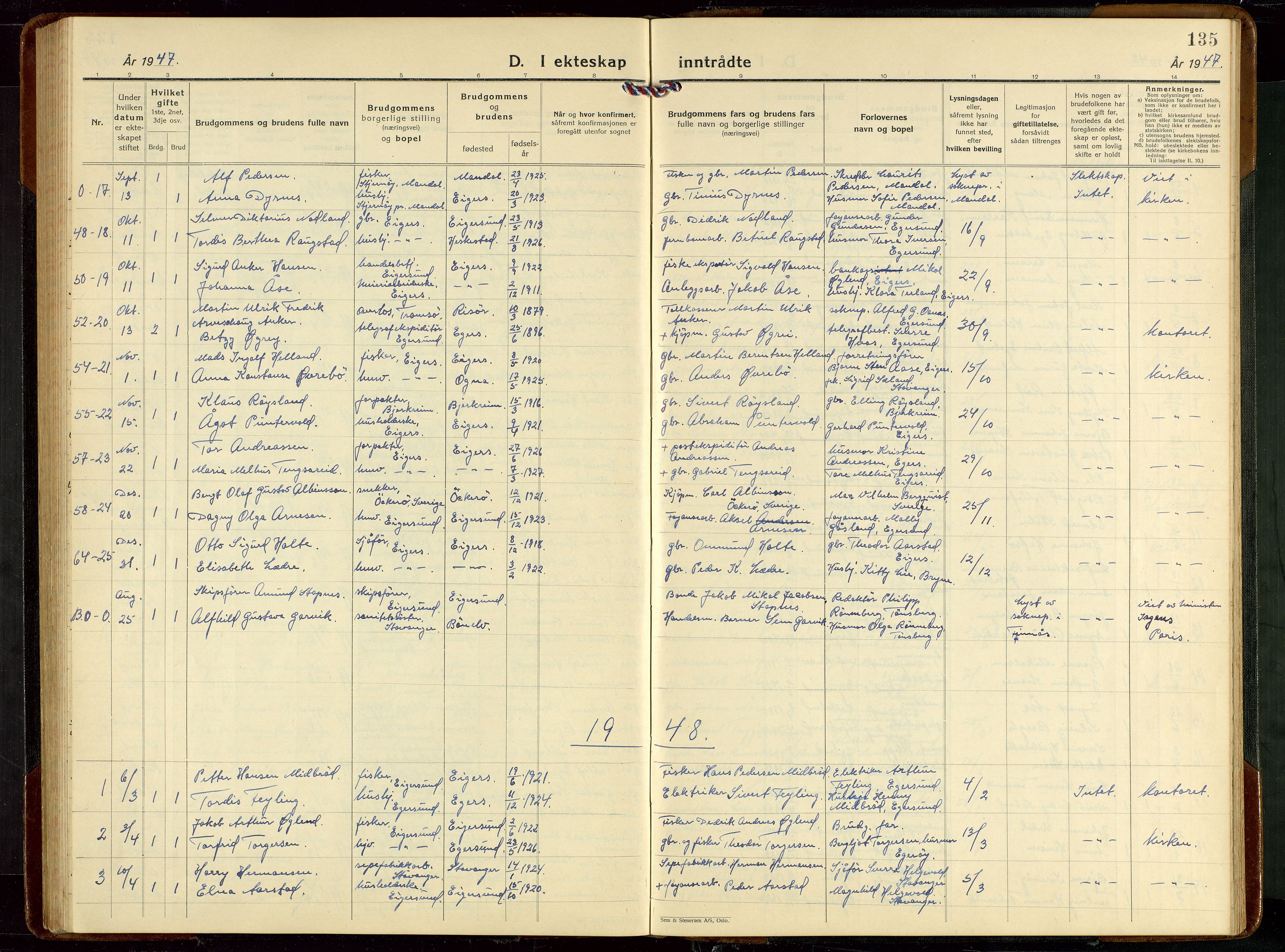 Eigersund sokneprestkontor, AV/SAST-A-101807/S09/L0013: Klokkerbok nr. B 13, 1931-1949, s. 135