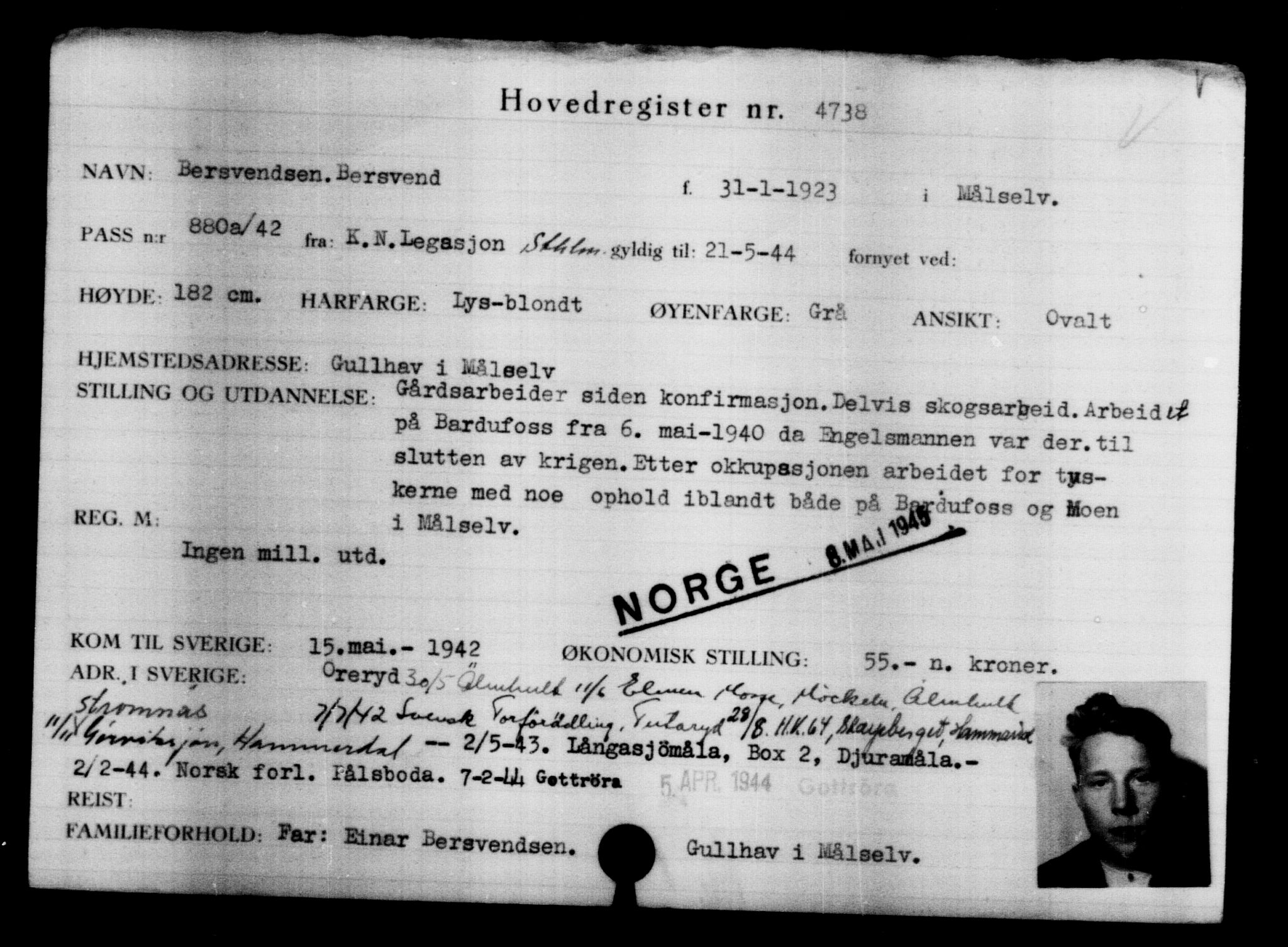 Utenriksstasjonene, Legasjonen i Stockholm, Flyktningkontoret, AV/RA-S-6753/V/Va/L0004: Kjesäterkartoteket, flyktninger med registreringsnr. 3496-6610, 1940-1945, s. 1470