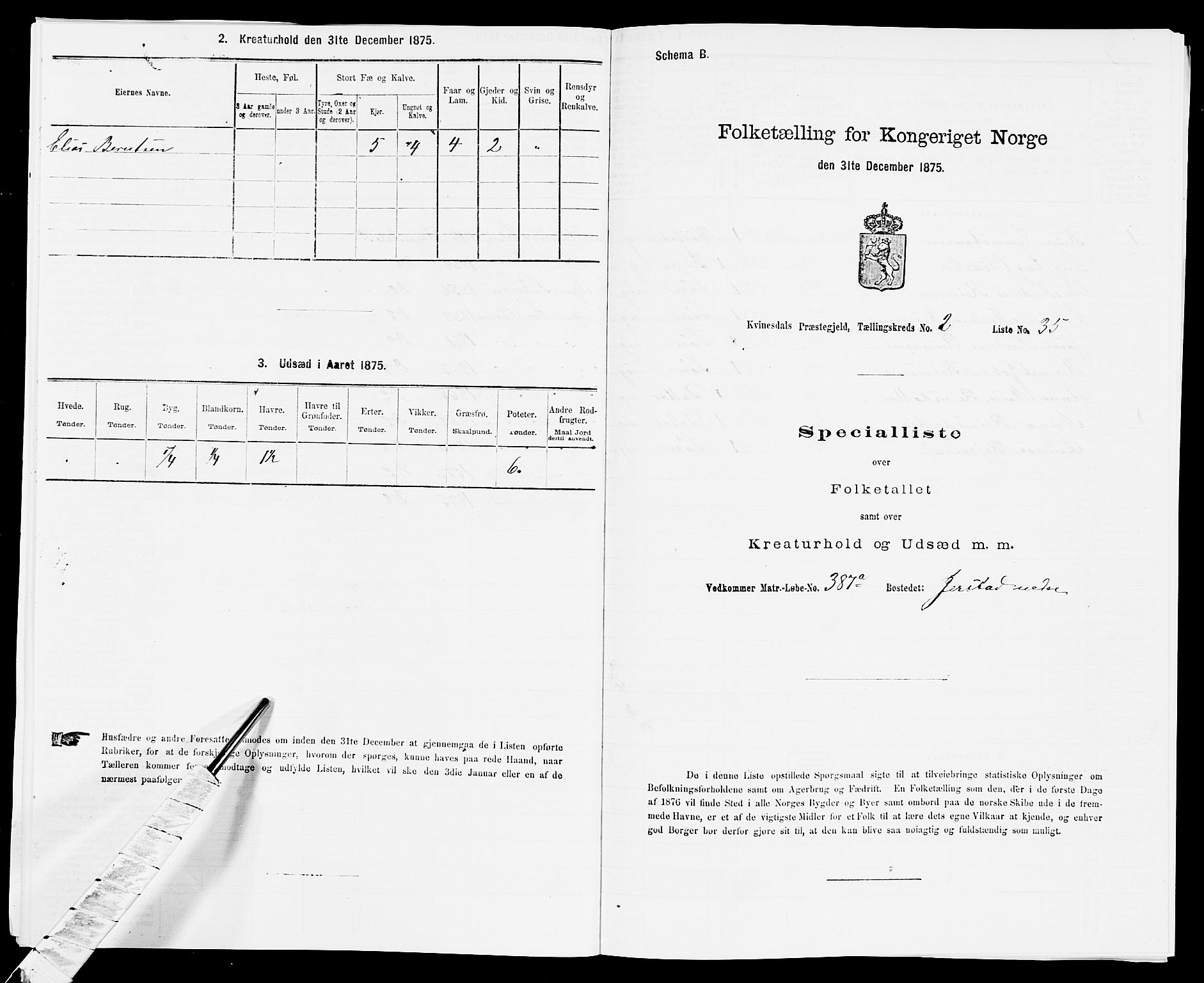 SAK, Folketelling 1875 for 1037P Kvinesdal prestegjeld, 1875, s. 341