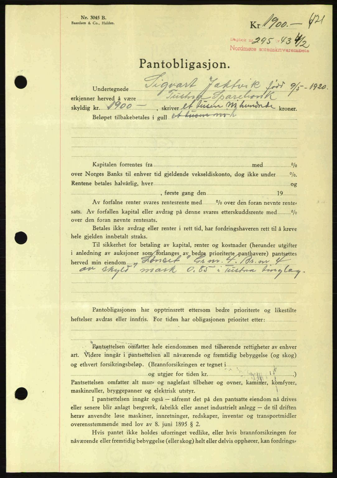 Nordmøre sorenskriveri, SAT/A-4132/1/2/2Ca: Pantebok nr. B90, 1942-1943, Dagboknr: 295/1943