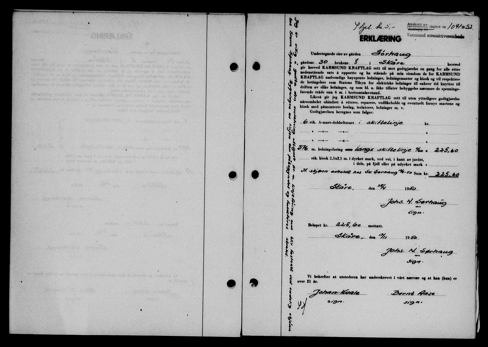 Karmsund sorenskriveri, SAST/A-100311/01/II/IIB/L0105: Pantebok nr. 85A, 1952-1952, Dagboknr: 1091/1952