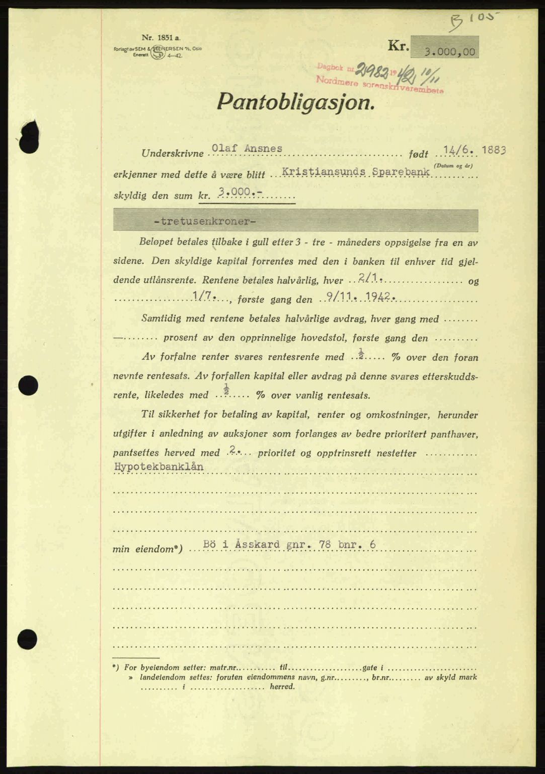 Nordmøre sorenskriveri, SAT/A-4132/1/2/2Ca: Pantebok nr. B90, 1942-1943, Dagboknr: 2982/1942