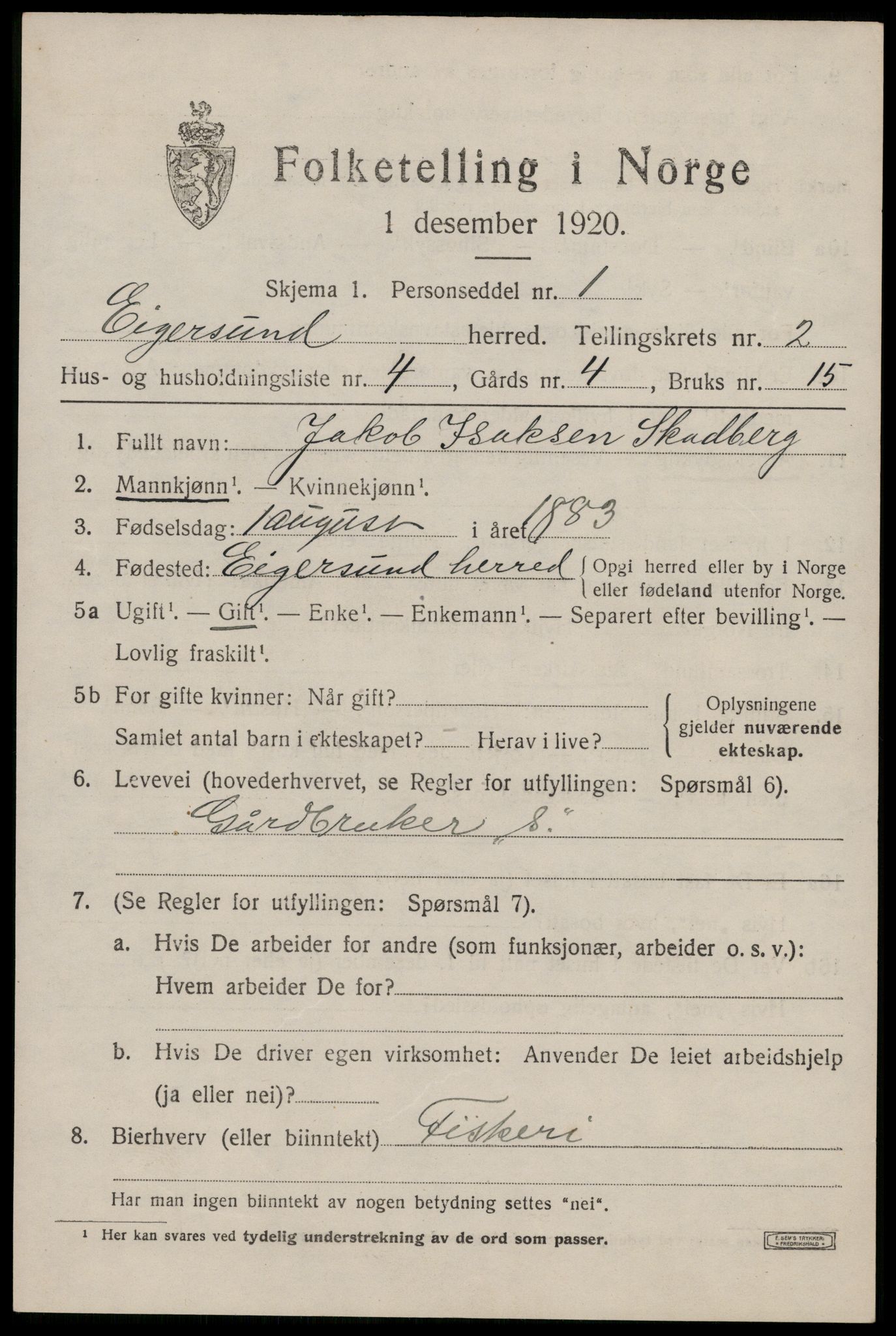 SAST, Folketelling 1920 for 1116 Eigersund herred, 1920, s. 1643