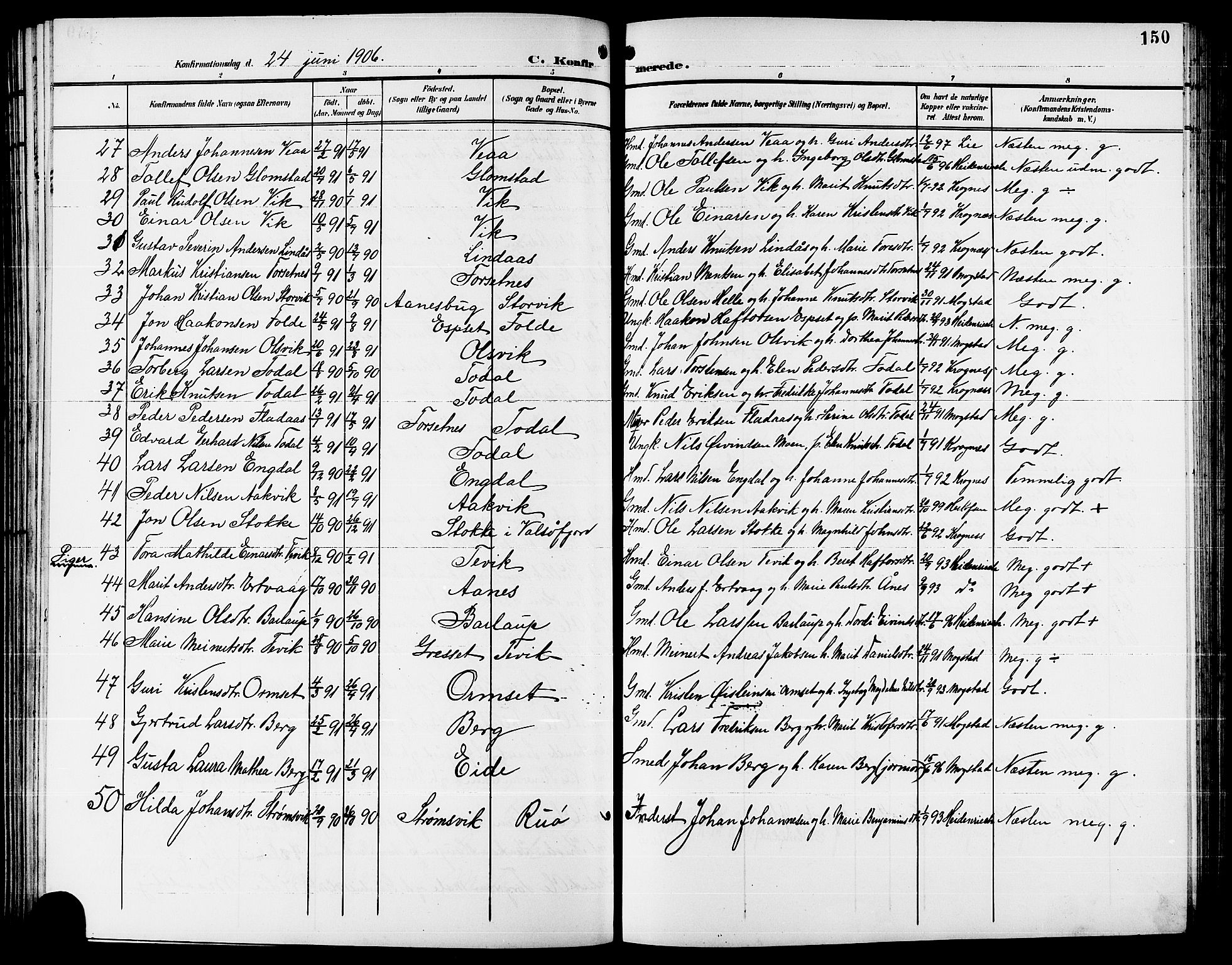 Ministerialprotokoller, klokkerbøker og fødselsregistre - Møre og Romsdal, AV/SAT-A-1454/578/L0910: Klokkerbok nr. 578C03, 1900-1921, s. 150