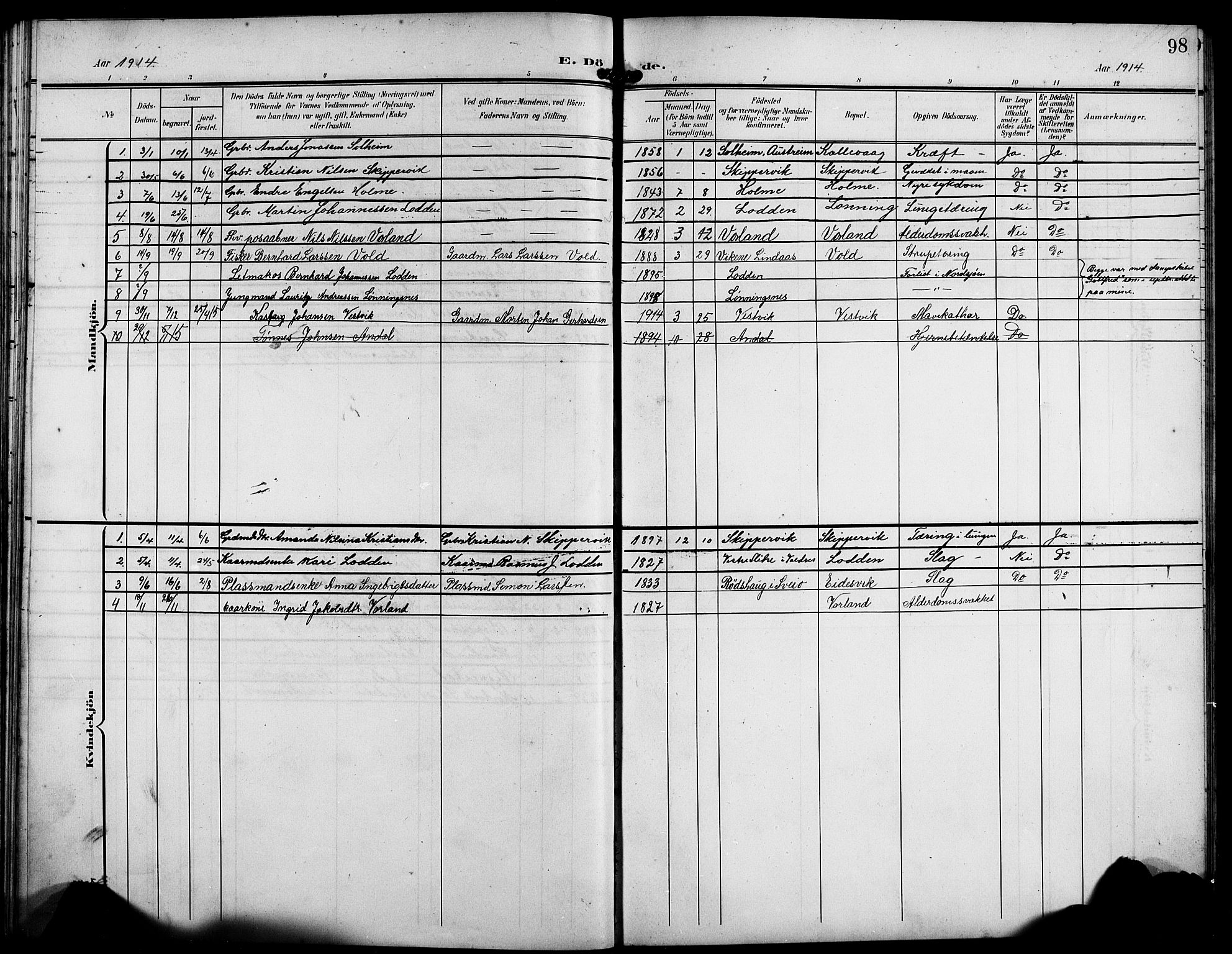 Finnås sokneprestembete, AV/SAB-A-99925/H/Ha/Hab/Habc/L0003: Klokkerbok nr. C 3, 1907-1917, s. 98