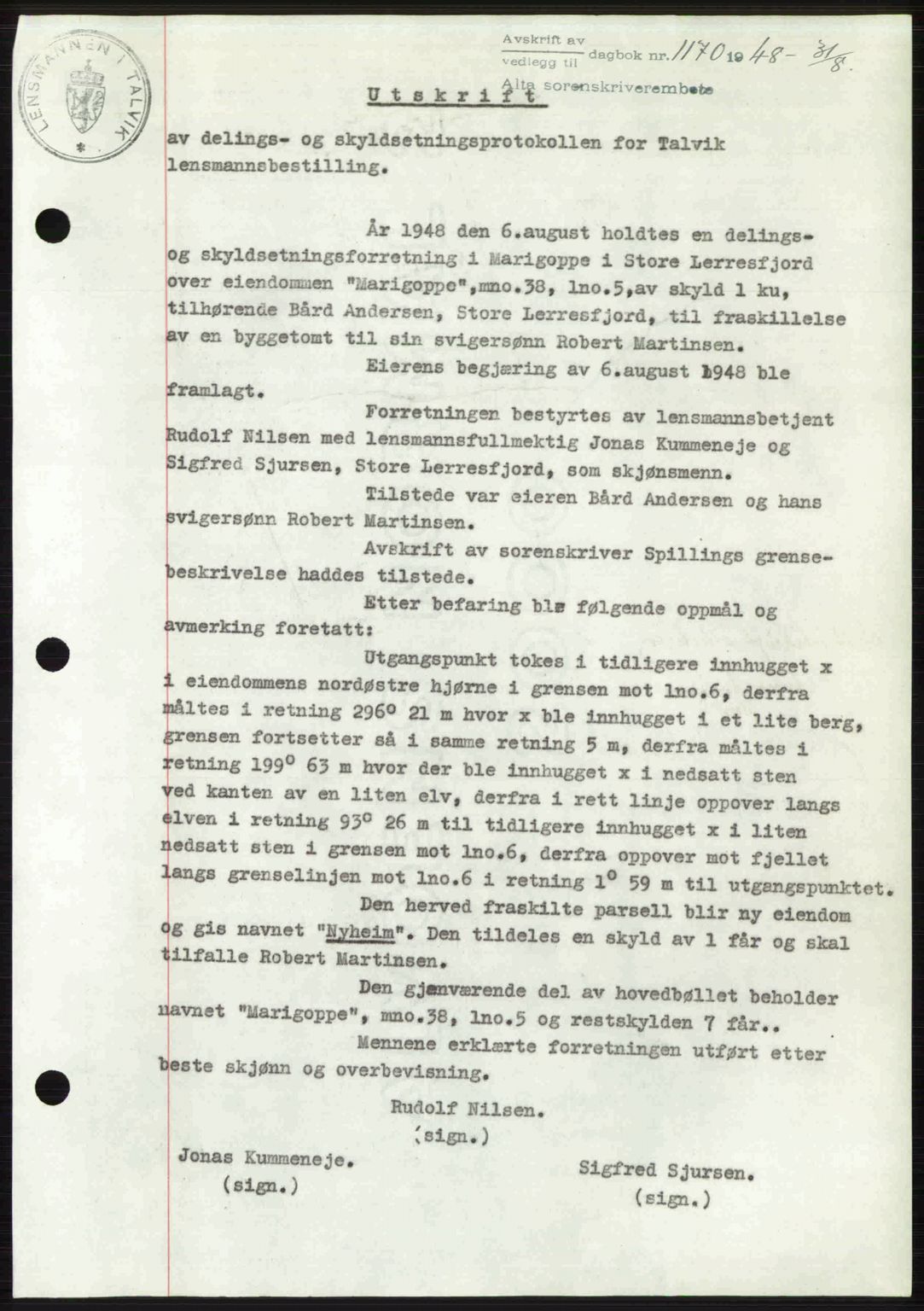 Alta fogderi/sorenskriveri, SATØ/SATØ-5/1/K/Kd/L0037pantebok: Pantebok nr. 39-40, 1948-1949, Dagboknr: 1170/1948