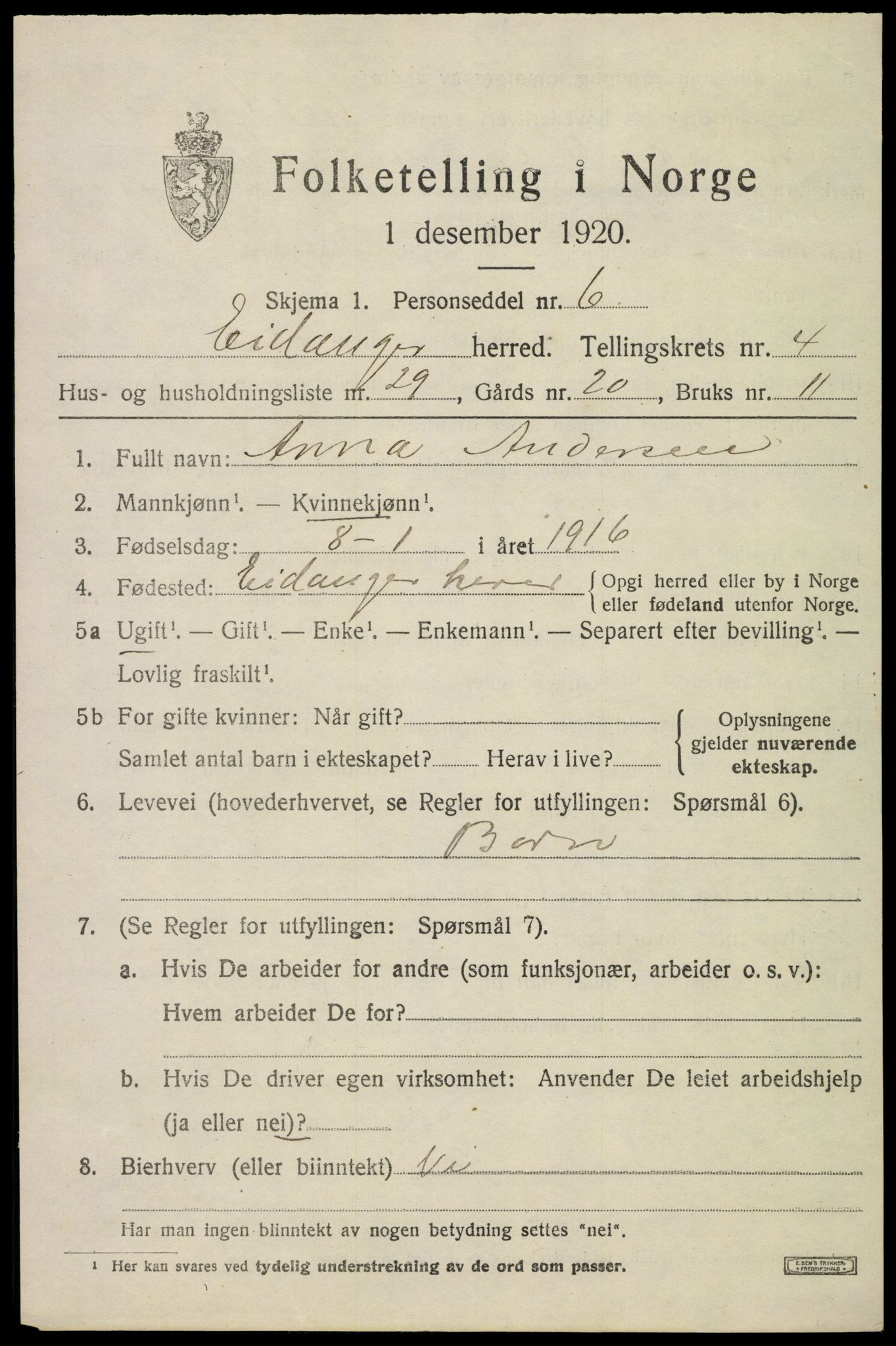 SAKO, Folketelling 1920 for 0813 Eidanger herred, 1920, s. 4110