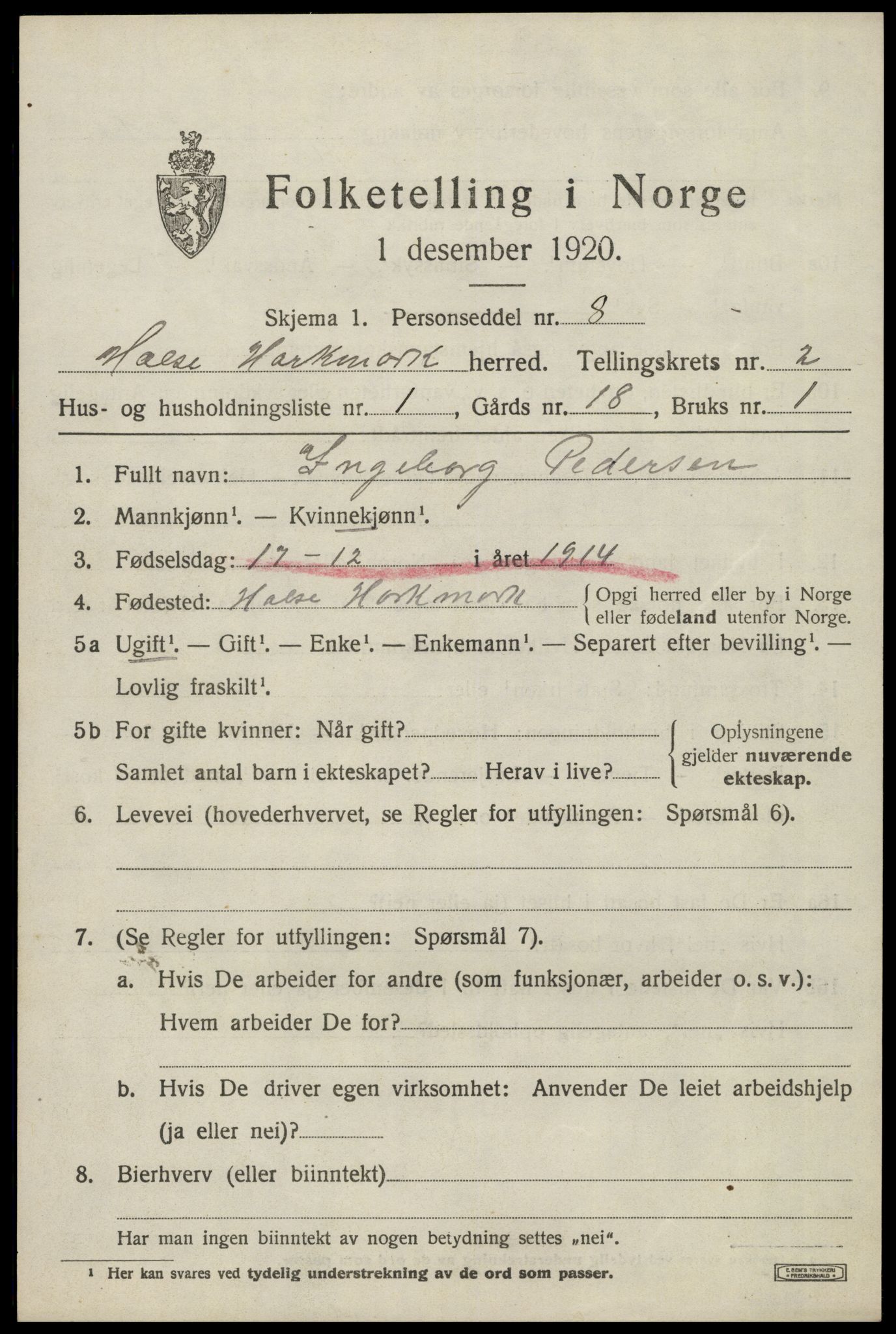 SAK, Folketelling 1920 for 1019 Halse og Harkmark herred, 1920, s. 2039