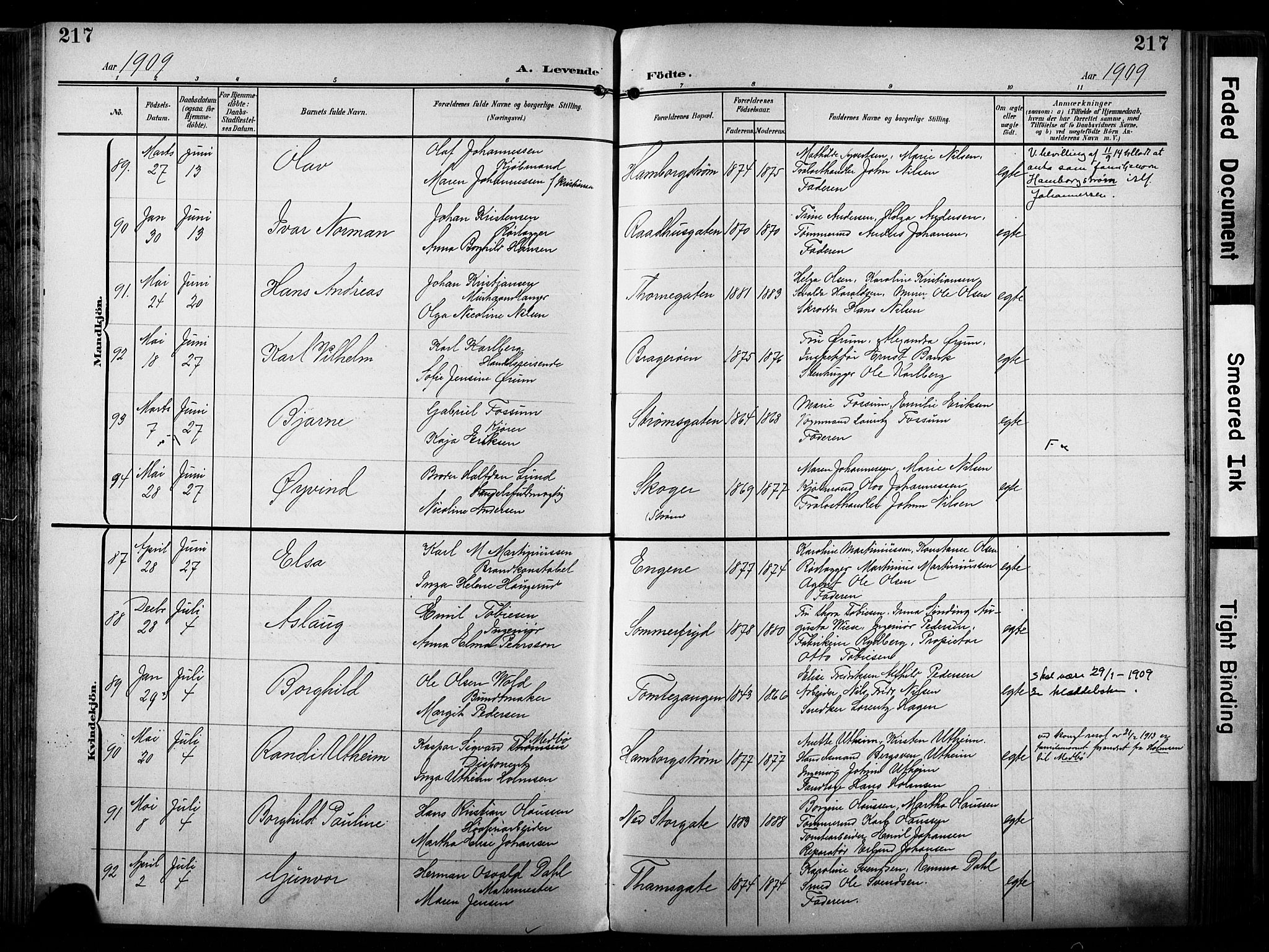 Bragernes kirkebøker, AV/SAKO-A-6/F/Fb/L0009: Ministerialbok nr. II 9, 1902-1911, s. 217