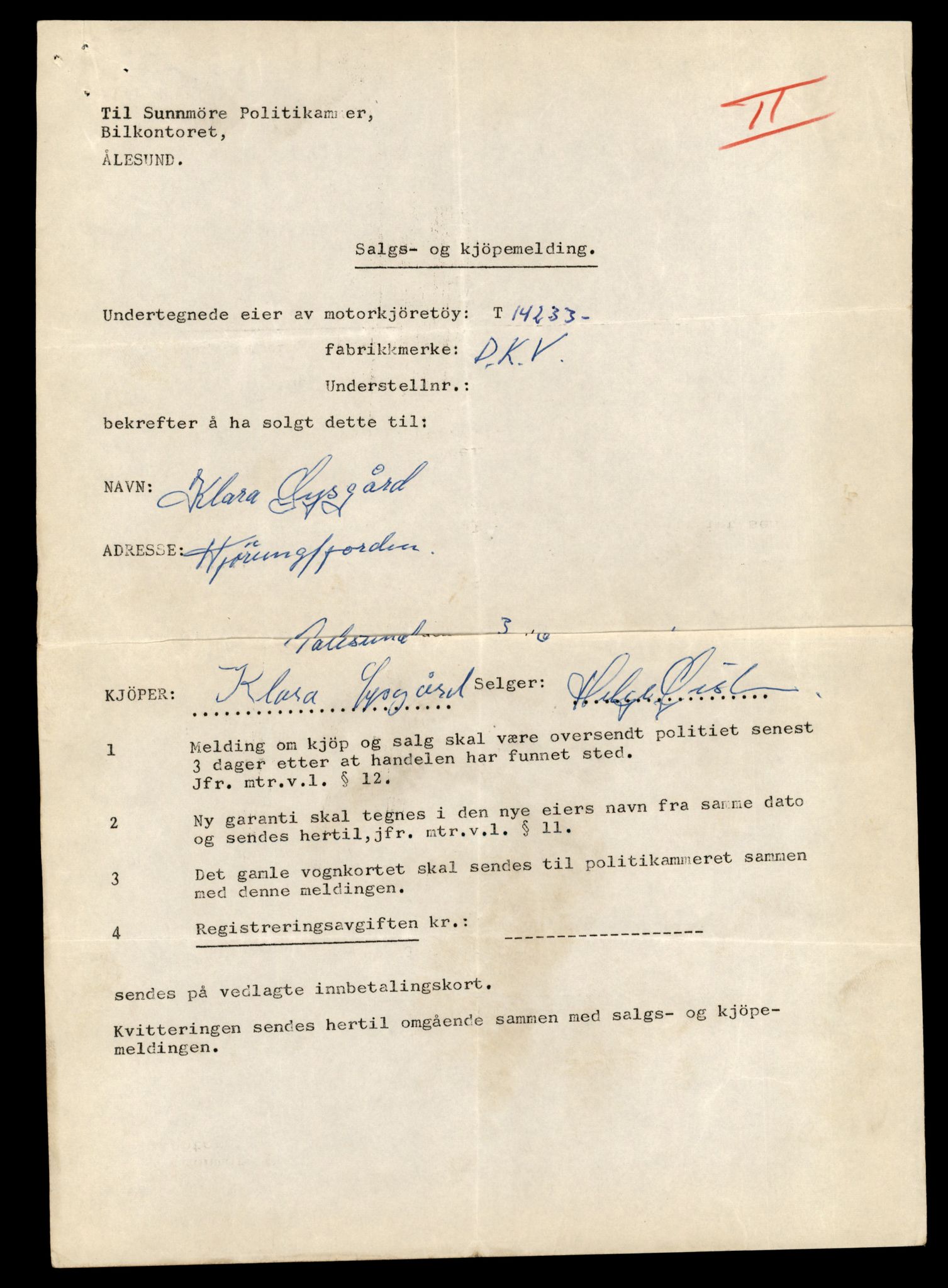Møre og Romsdal vegkontor - Ålesund trafikkstasjon, AV/SAT-A-4099/F/Fe/L0044: Registreringskort for kjøretøy T 14205 - T 14319, 1927-1998, s. 844