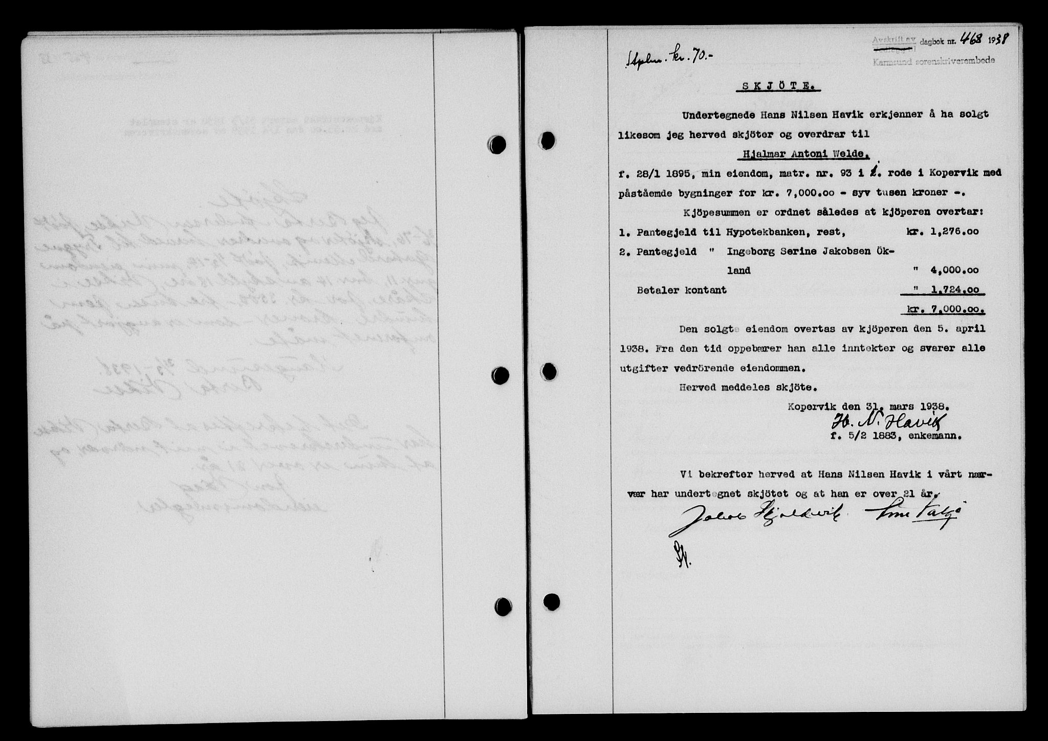 Karmsund sorenskriveri, SAST/A-100311/01/II/IIB/L0069: Pantebok nr. 50A, 1937-1938, Dagboknr: 468/1938