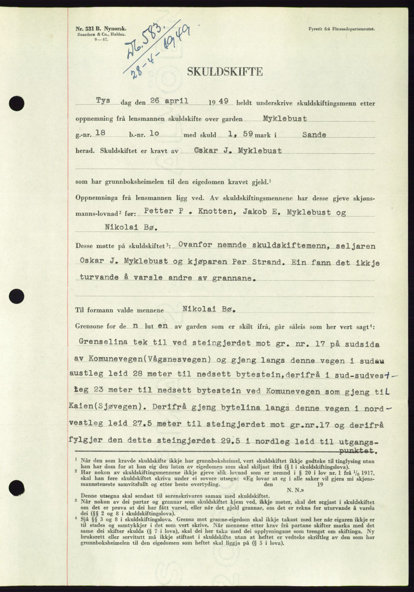 Søre Sunnmøre sorenskriveri, SAT/A-4122/1/2/2C/L0084: Pantebok nr. 10A, 1949-1949, Dagboknr: 583/1949