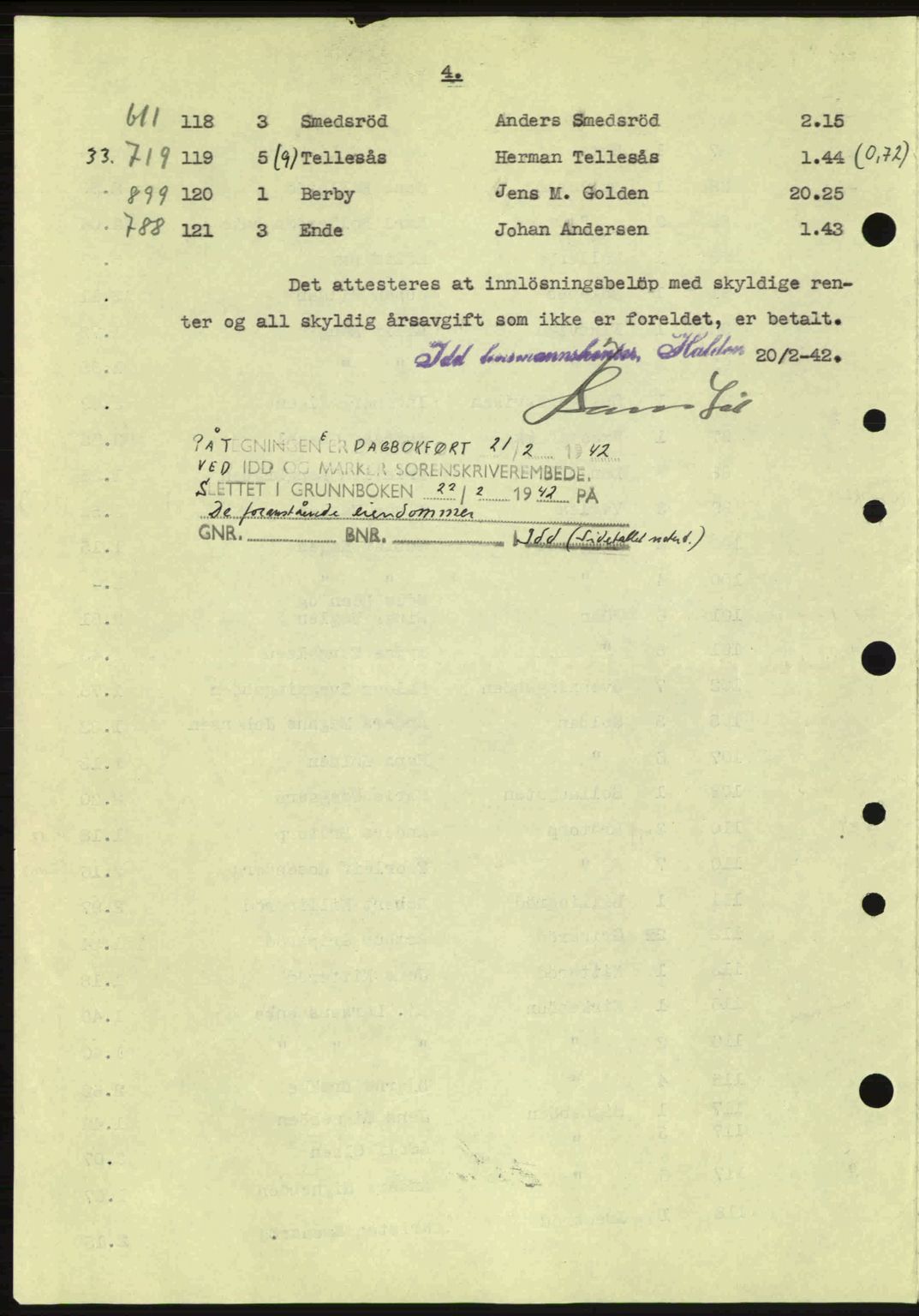 Idd og Marker sorenskriveri, AV/SAO-A-10283/G/Gb/Gbc/L0002: Pantebok nr. B4-9a, 1939-1945, Dagboknr: 242/1942