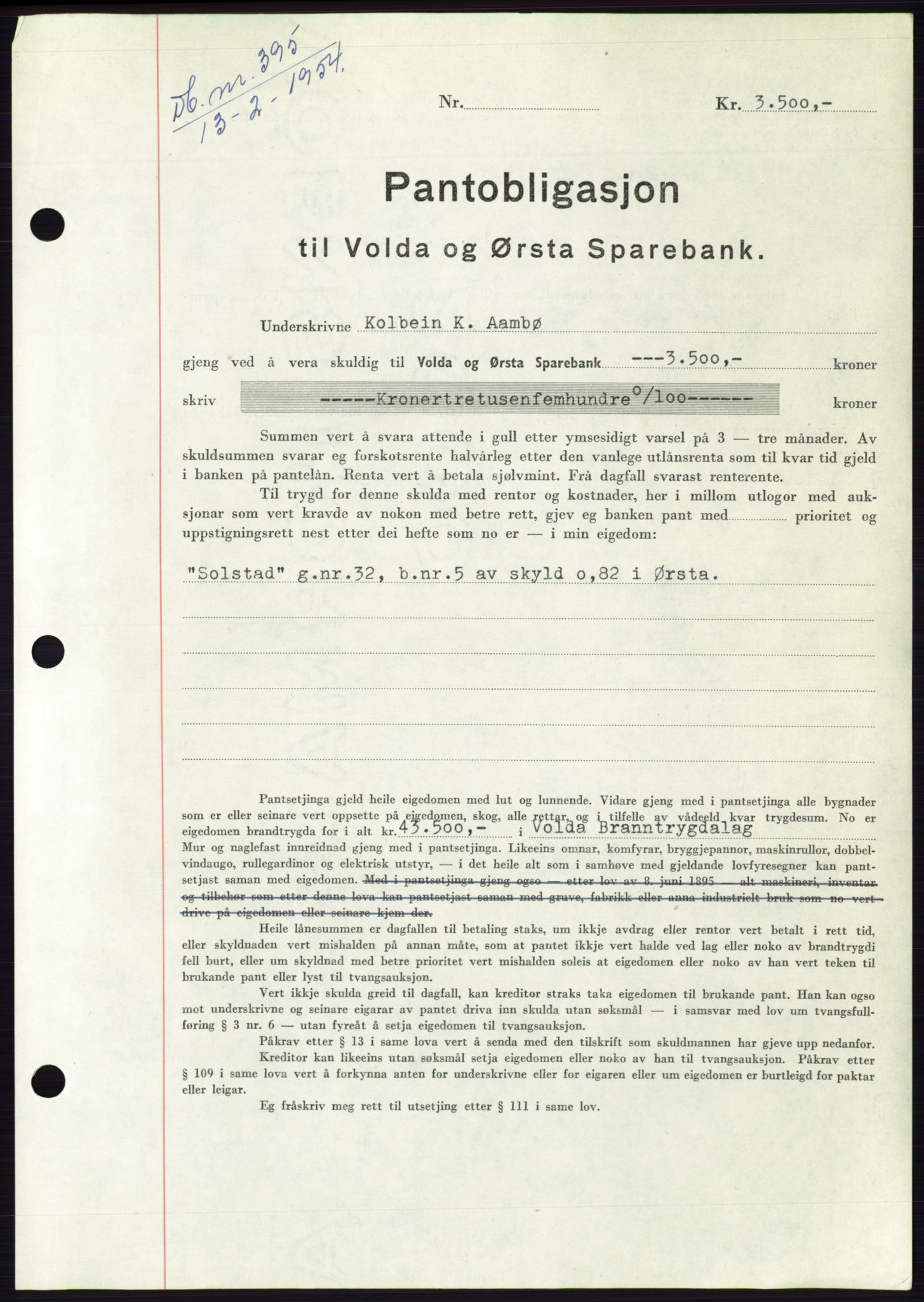 Søre Sunnmøre sorenskriveri, AV/SAT-A-4122/1/2/2C/L0124: Pantebok nr. 12B, 1953-1954, Dagboknr: 395/1954