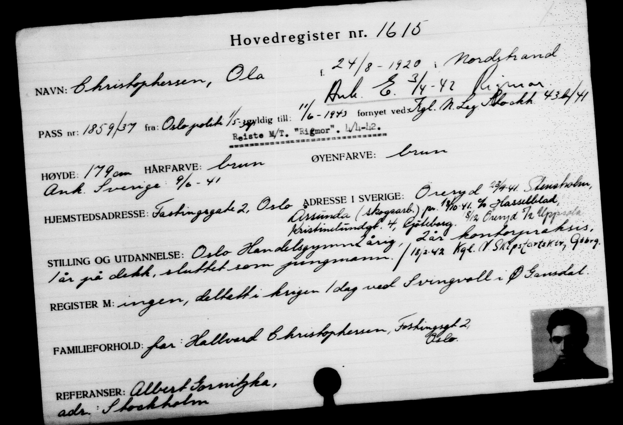 Utenriksstasjonene, Legasjonen i Stockholm, Flyktningkontoret, AV/RA-S-6753/V/Va/L0002: Kjesäterkartoteket, flyktninger med registreringsnr. 1001-2000, 1940-1945, s. 882