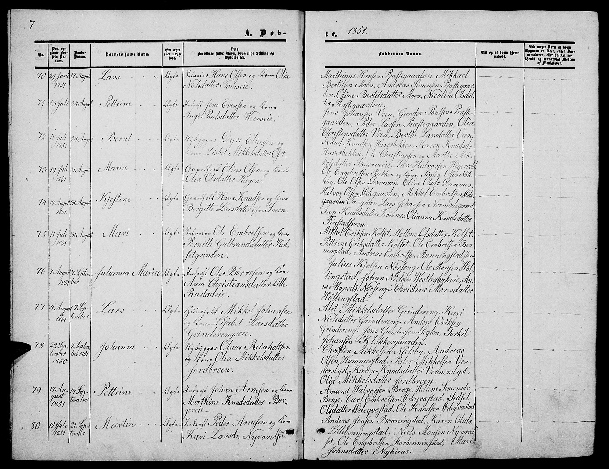 Løten prestekontor, AV/SAH-PREST-022/L/La/L0003: Klokkerbok nr. 3, 1850-1862, s. 7