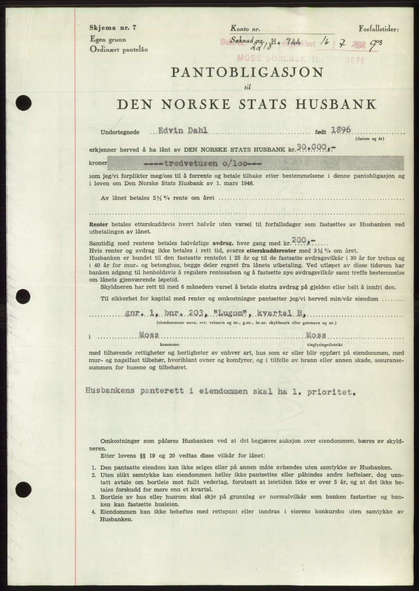 Moss sorenskriveri, SAO/A-10168: Pantebok nr. B22, 1949-1949, Dagboknr: 2218/1949