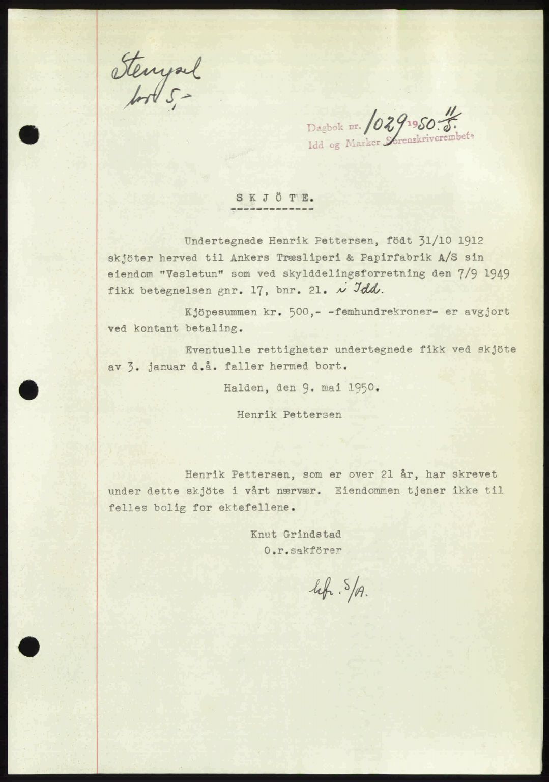 Idd og Marker sorenskriveri, AV/SAO-A-10283/G/Gb/Gbb/L0014: Pantebok nr. A14, 1950-1950, Dagboknr: 1029/1950