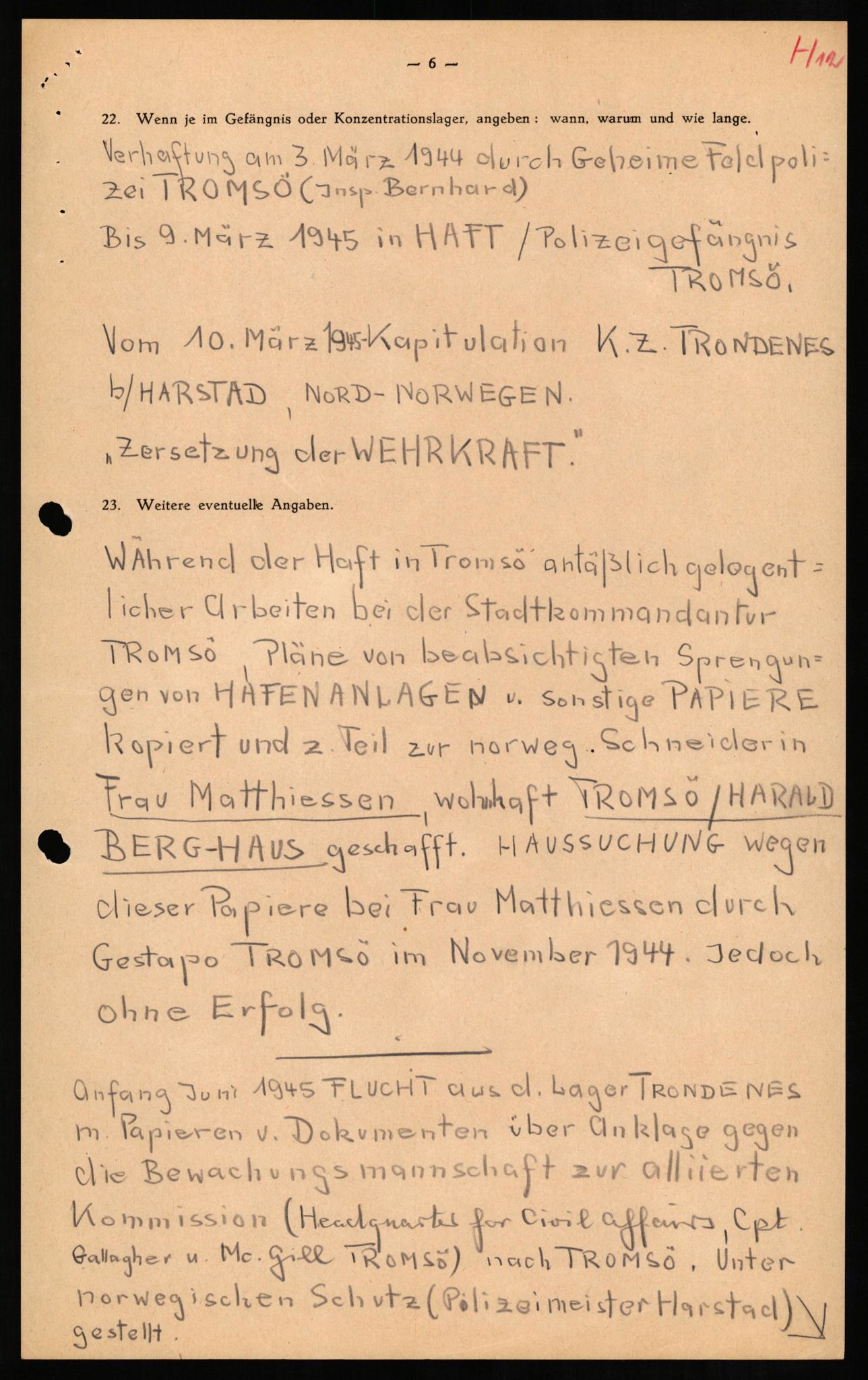 Forsvaret, Forsvarets overkommando II, AV/RA-RAFA-3915/D/Db/L0012: CI Questionaires. Tyske okkupasjonsstyrker i Norge. Tyskere., 1945-1946, s. 7