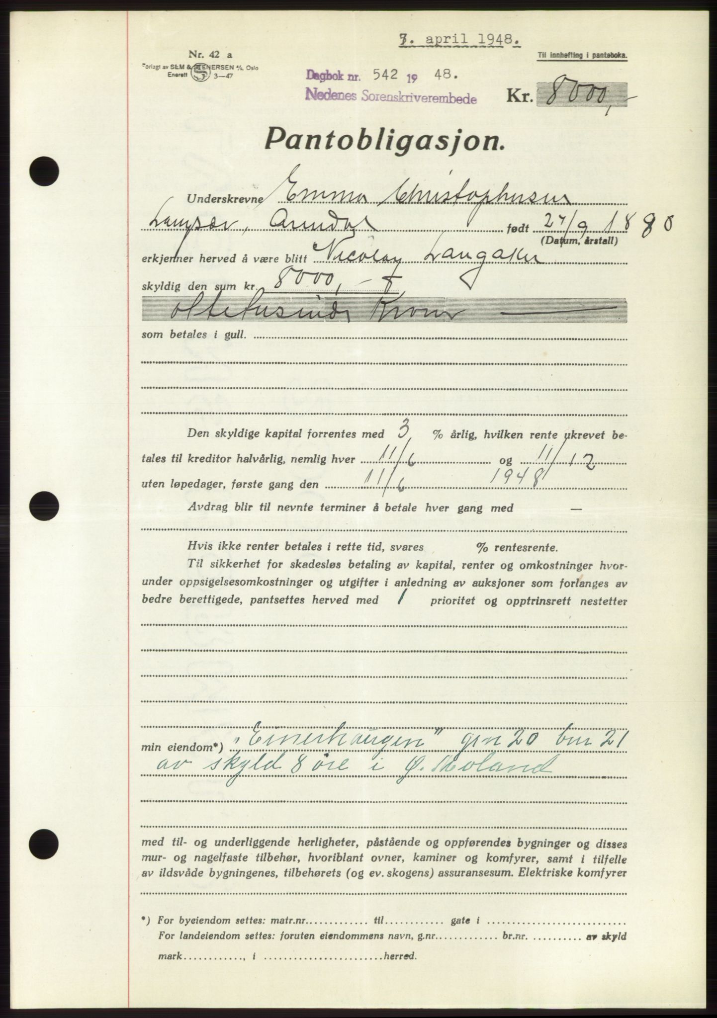 Nedenes sorenskriveri, AV/SAK-1221-0006/G/Gb/Gbb/L0005: Pantebok nr. B5, 1948-1948, Dagboknr: 542/1948