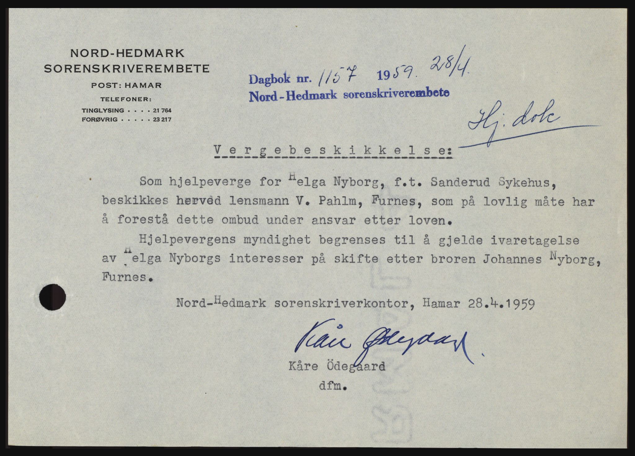 Nord-Hedmark sorenskriveri, SAH/TING-012/H/Hc/L0013: Pantebok nr. 13, 1959-1960, Dagboknr: 1157/1959