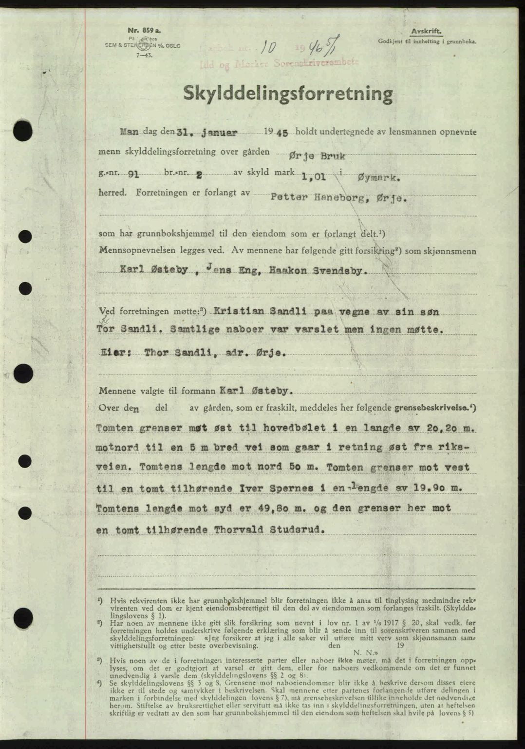 Idd og Marker sorenskriveri, SAO/A-10283/G/Gb/Gbb/L0008: Pantebok nr. A8, 1946-1946, Dagboknr: 10/1946