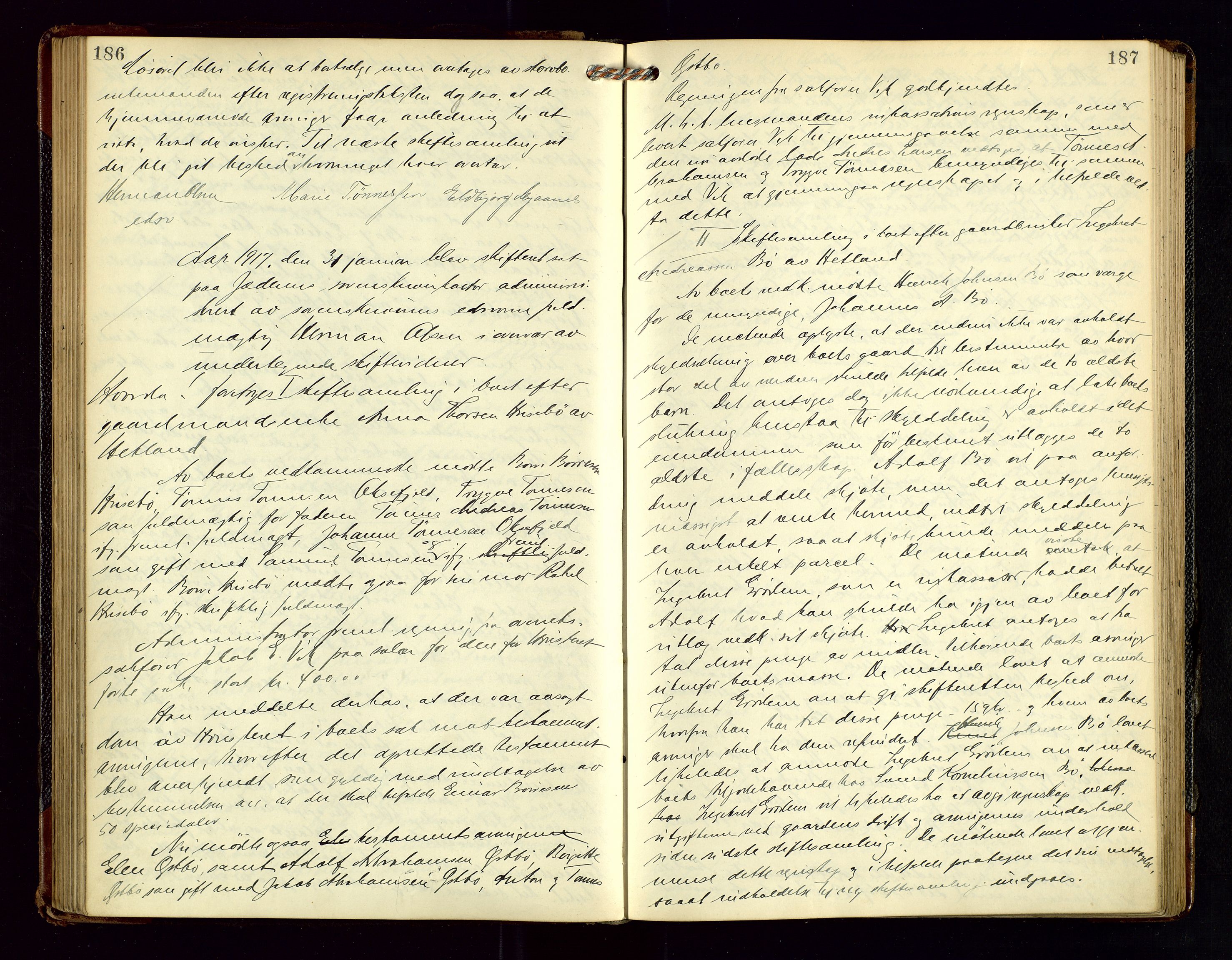 Jæren sorenskriveri, AV/SAST-A-100310/01/5/53/53BA/L0003: SKIFTEFORHANDLINGSPROTOKOLL, 1915-1919, s. 186-187