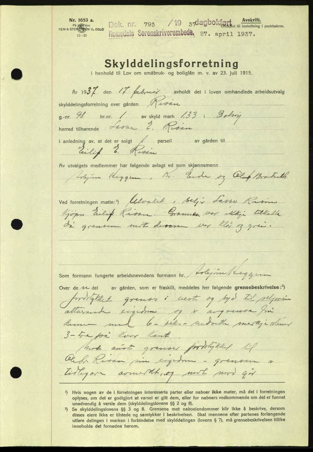 Romsdal sorenskriveri, SAT/A-4149/1/2/2C: Pantebok nr. A3, 1937-1937, Dagboknr: 793/1937