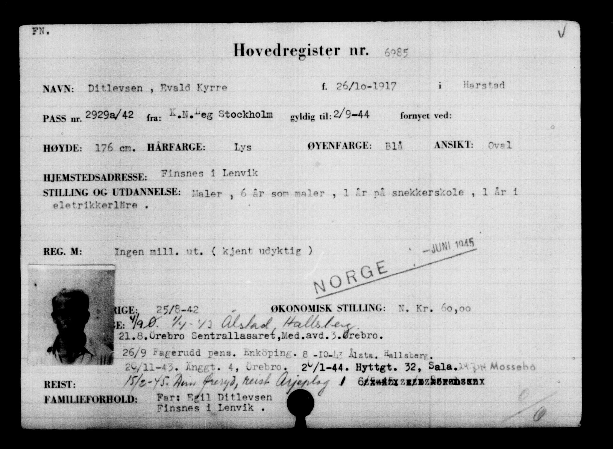 Utenriksstasjonene, Legasjonen i Stockholm, Flyktningkontoret, AV/RA-S-6753/V/Va/L0005: Kjesäterkartoteket, flyktning nr. 6600-9417, 1940-1945, s. 465