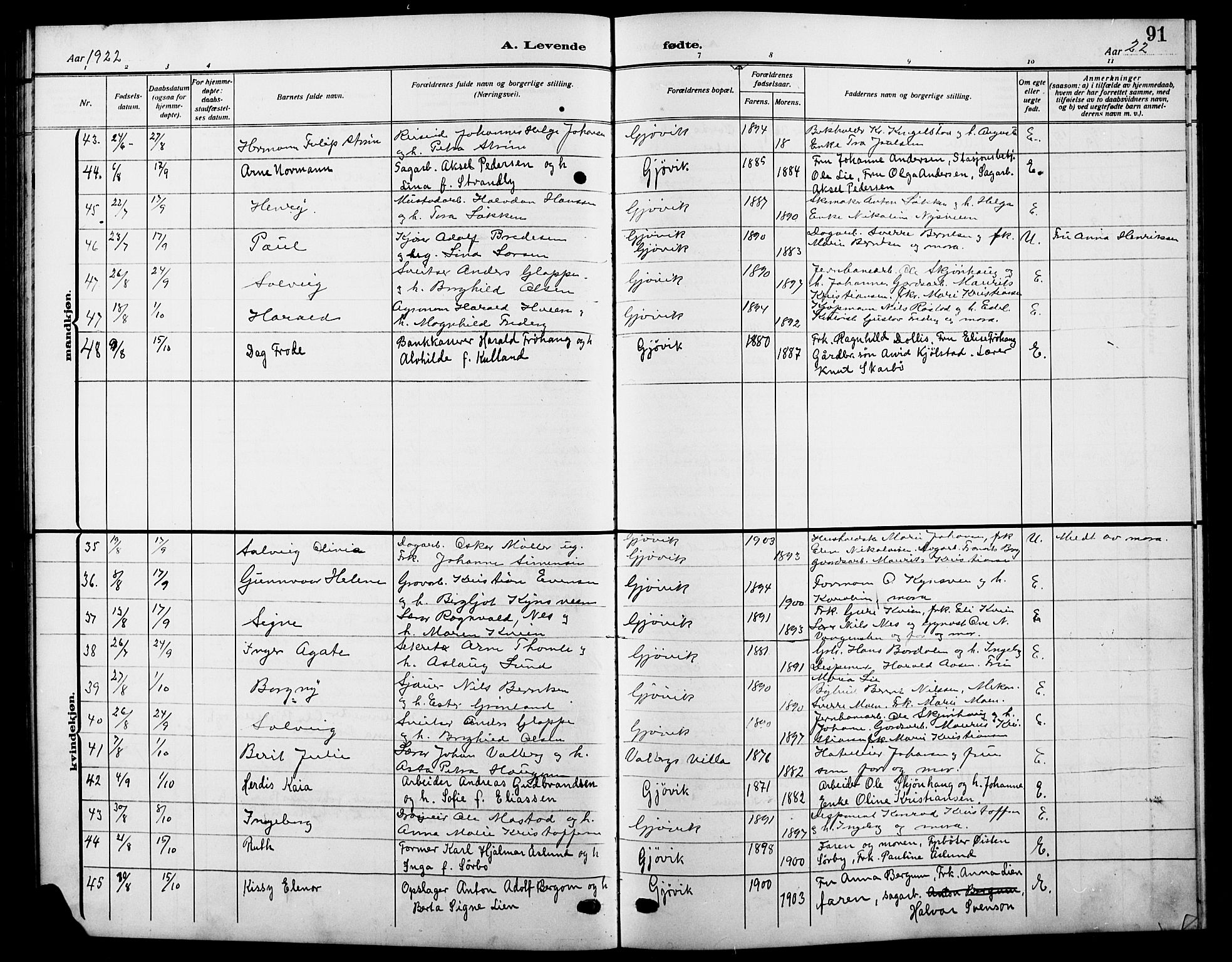 Vardal prestekontor, AV/SAH-PREST-100/H/Ha/Hab/L0014: Klokkerbok nr. 14, 1911-1922, s. 91