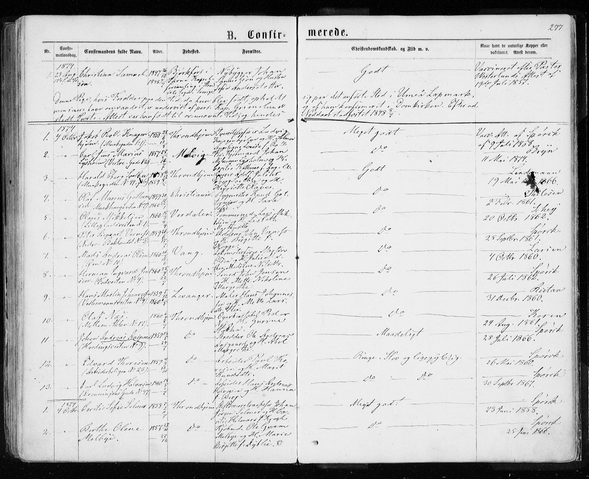 Ministerialprotokoller, klokkerbøker og fødselsregistre - Sør-Trøndelag, AV/SAT-A-1456/601/L0054: Ministerialbok nr. 601A22, 1866-1877, s. 277