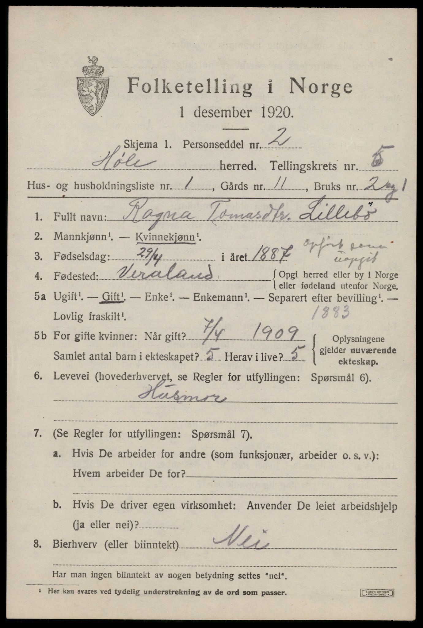 SAST, Folketelling 1920 for 1128 Høle herred, 1920, s. 1655