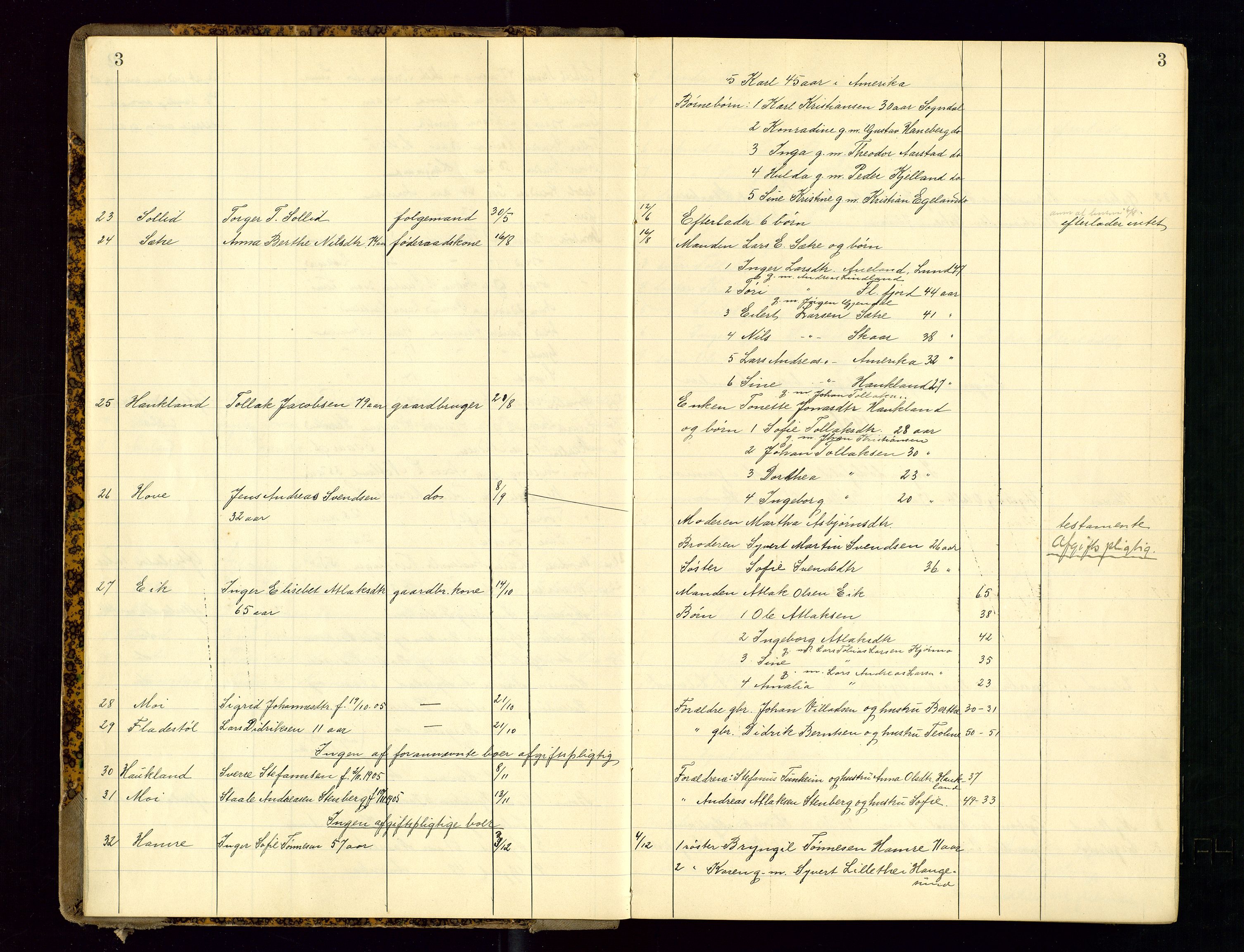 Dalane sorenskriveri, SAST/A-100309/001/5/52/L0001: DØDSFALLPROTOKOLL, 1904-1911, s. 3