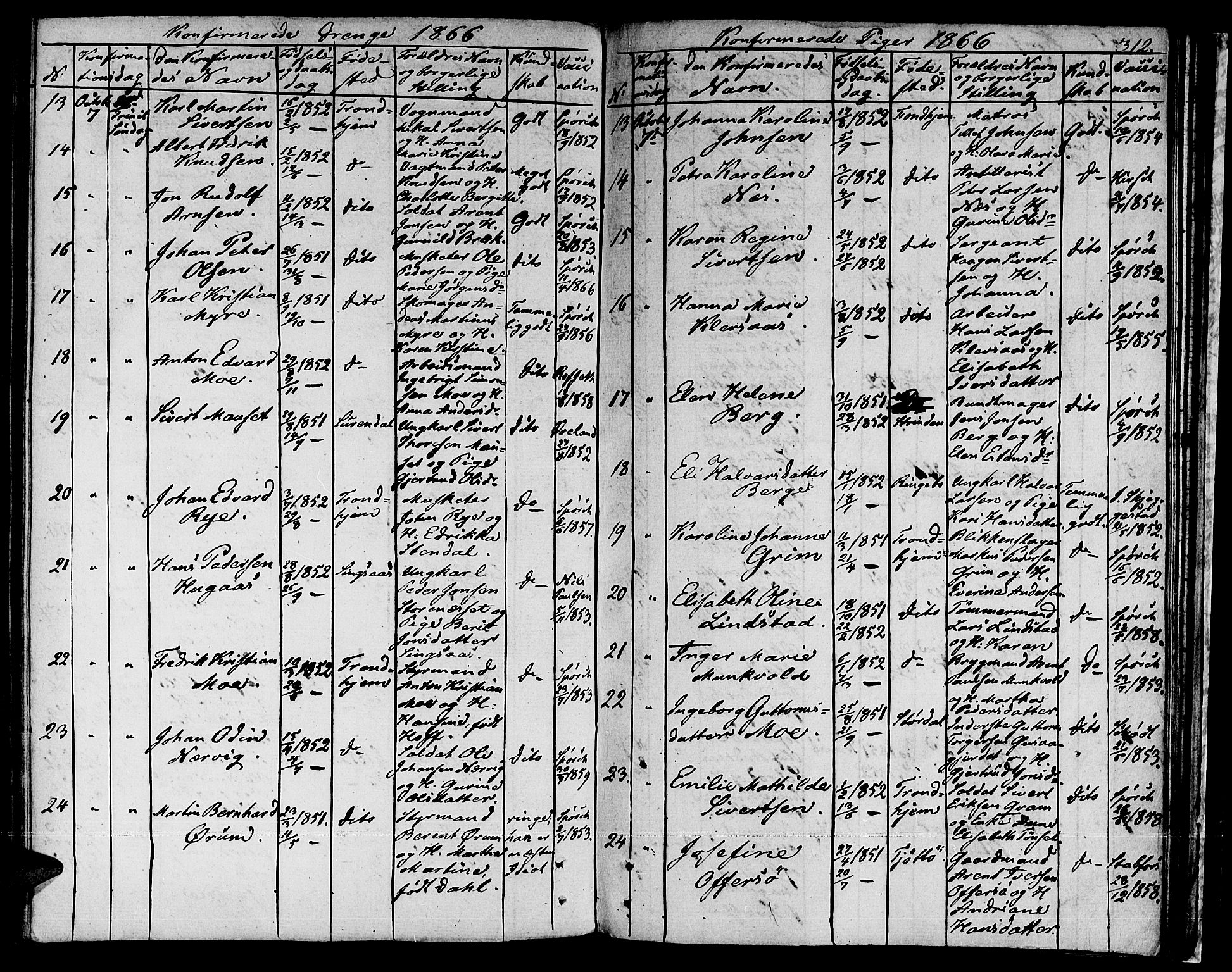 Ministerialprotokoller, klokkerbøker og fødselsregistre - Sør-Trøndelag, SAT/A-1456/601/L0070: Residerende kapellans bok nr. 601B03, 1821-1881, s. 312