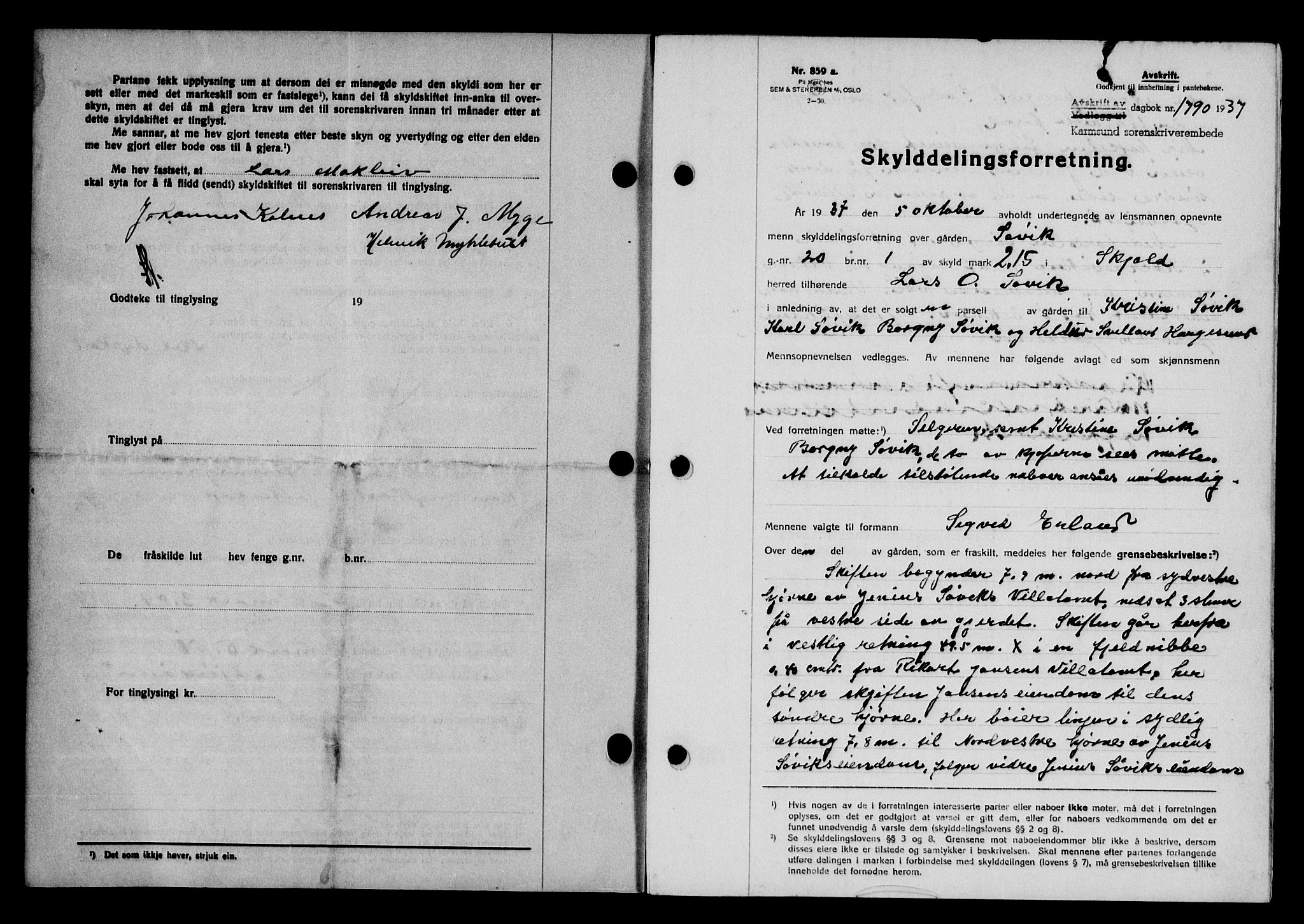 Karmsund sorenskriveri, SAST/A-100311/01/II/IIB/L0068: Pantebok nr. 49A, 1937-1937, Dagboknr: 1790/1937