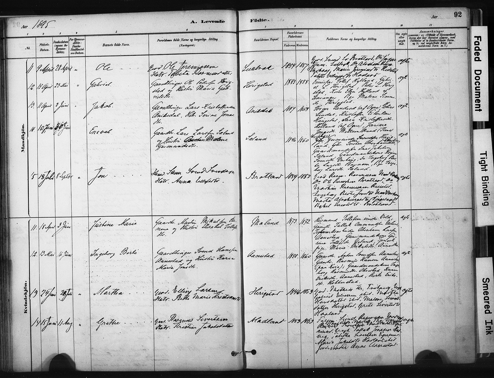 Hå sokneprestkontor, AV/SAST-A-101801/001/30BA/L0011: Ministerialbok nr. A 10, 1879-1900, s. 92