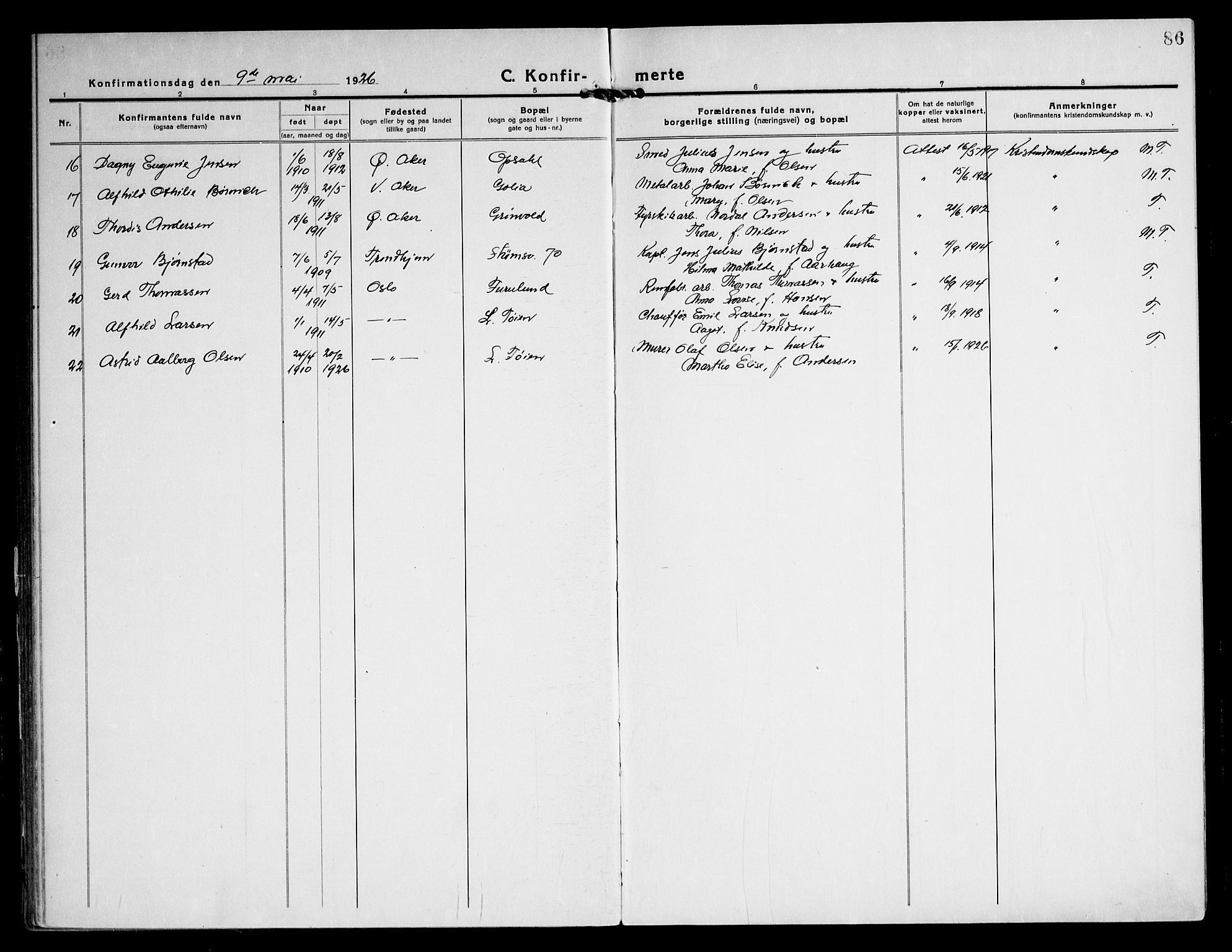 Østre Aker prestekontor Kirkebøker, AV/SAO-A-10840/F/Fa/L0013: Ministerialbok nr. I 13, 1918-1929, s. 86