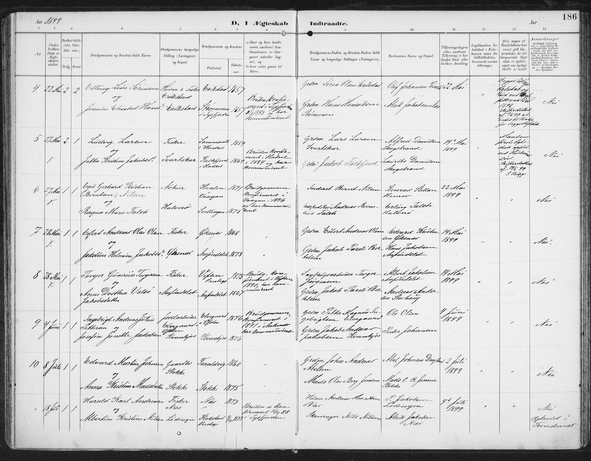 Ministerialprotokoller, klokkerbøker og fødselsregistre - Nordland, AV/SAT-A-1459/872/L1036: Ministerialbok nr. 872A11, 1897-1913, s. 186