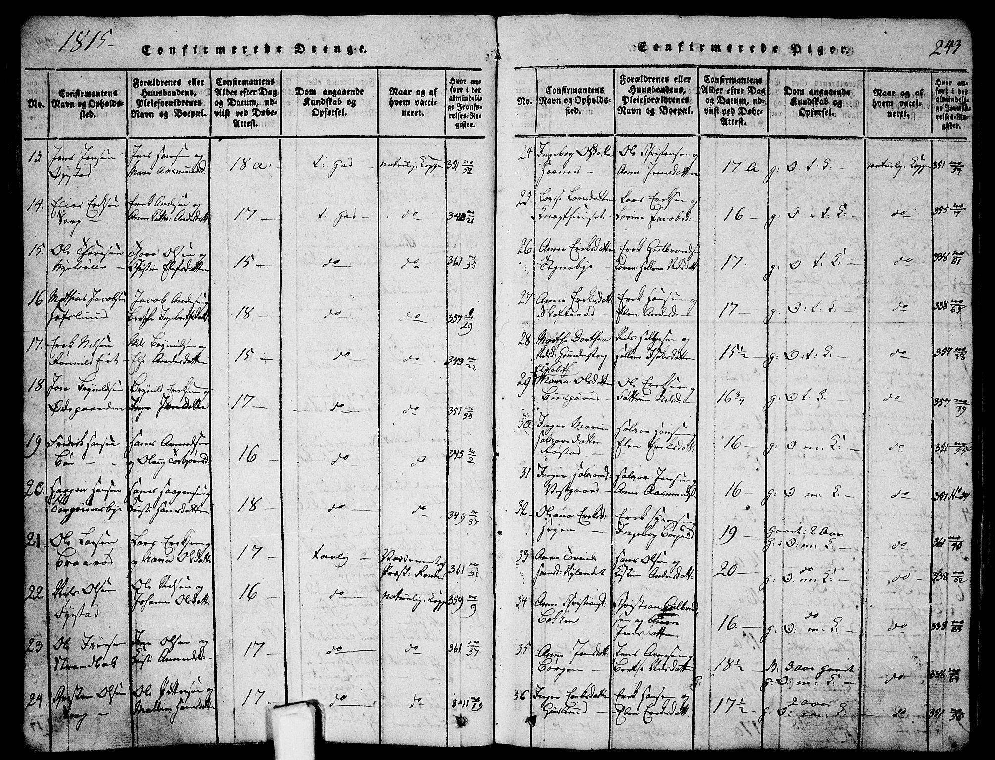 Skjeberg prestekontor Kirkebøker, AV/SAO-A-10923/G/Ga/L0001: Klokkerbok nr. I 1, 1815-1830, s. 243