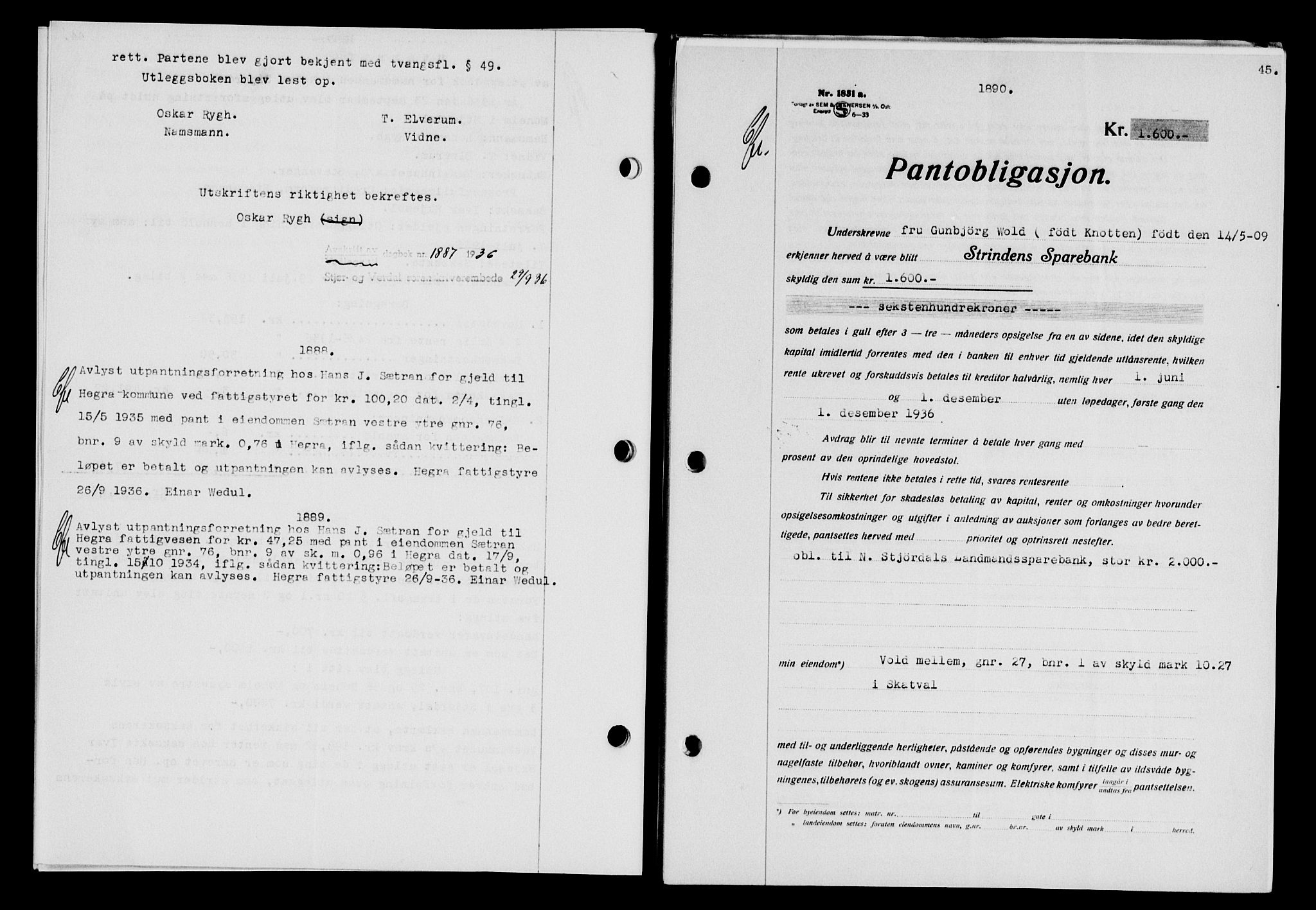 Stjør- og Verdal sorenskriveri, SAT/A-4167/1/2/2C/L0078: Pantebok nr. 46, 1936-1937, Dagboknr: 1890/1936