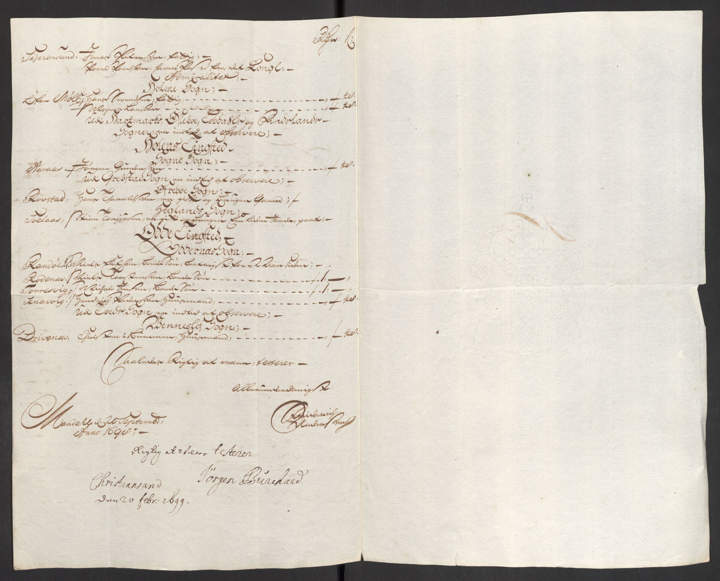Rentekammeret inntil 1814, Reviderte regnskaper, Fogderegnskap, RA/EA-4092/R43/L2547: Fogderegnskap Lista og Mandal, 1698-1699, s. 54