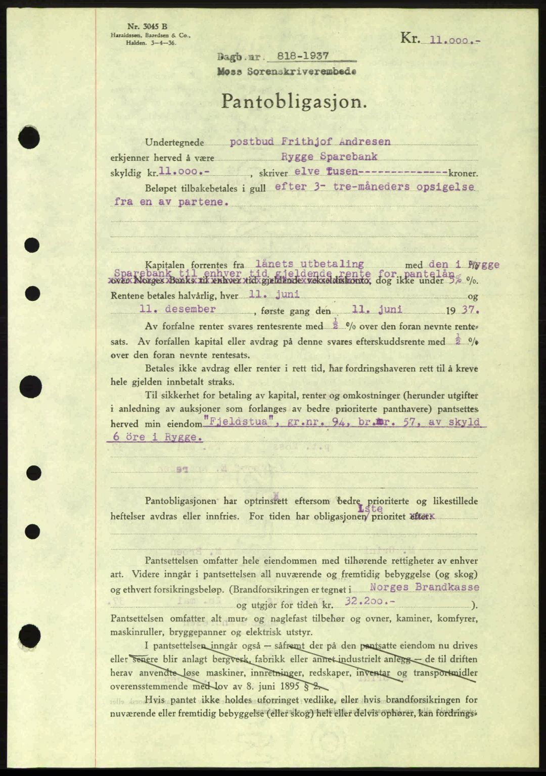 Moss sorenskriveri, SAO/A-10168: Pantebok nr. B3, 1937-1937, Dagboknr: 818/1937