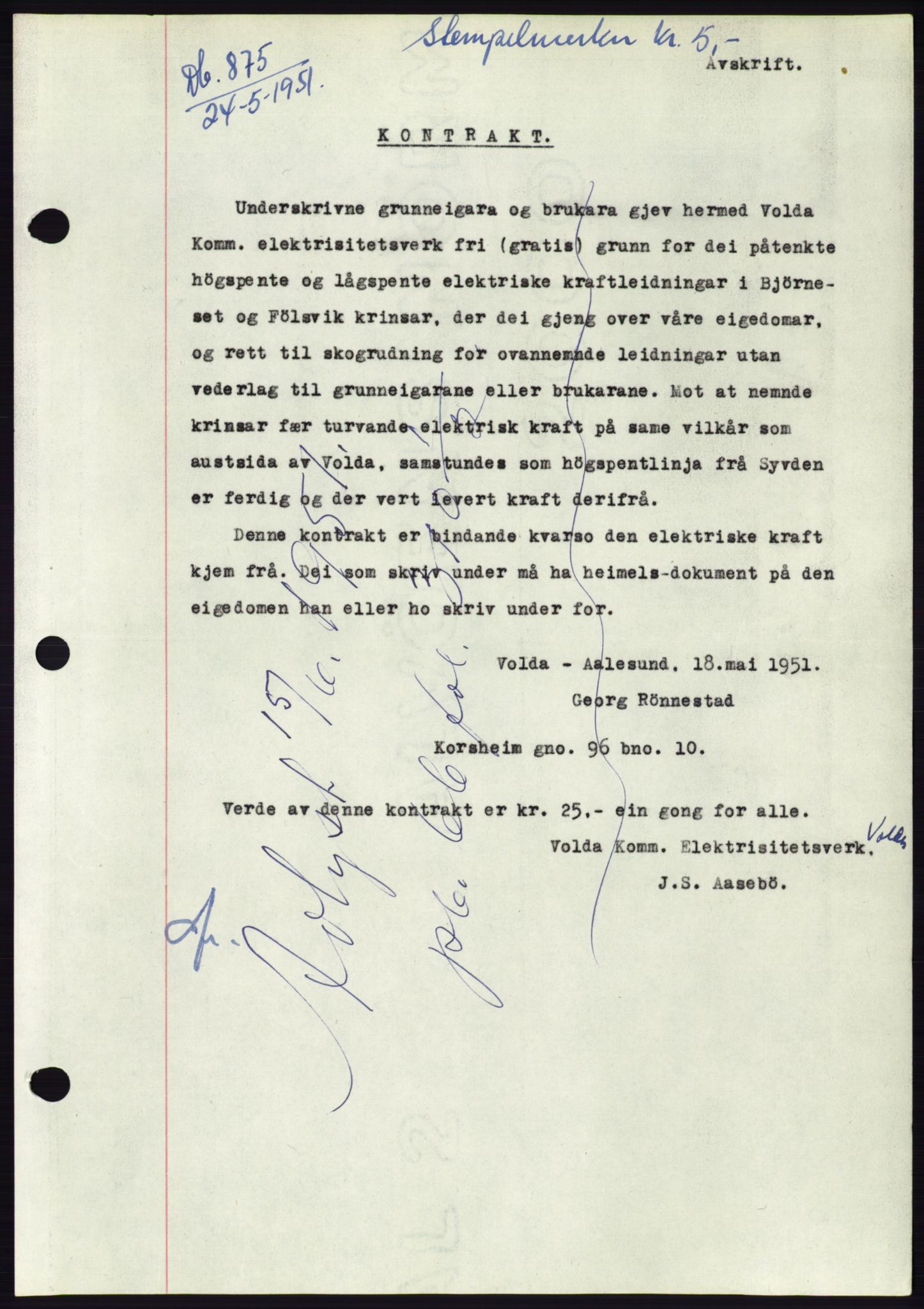 Søre Sunnmøre sorenskriveri, SAT/A-4122/1/2/2C/L0089: Pantebok nr. 15A, 1951-1951, Dagboknr: 875/1951