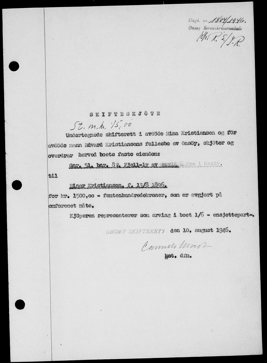 Onsøy sorenskriveri, SAO/A-10474/G/Ga/Gab/L0016: Pantebok nr. II A-16, 1946-1946, Dagboknr: 1804/1946