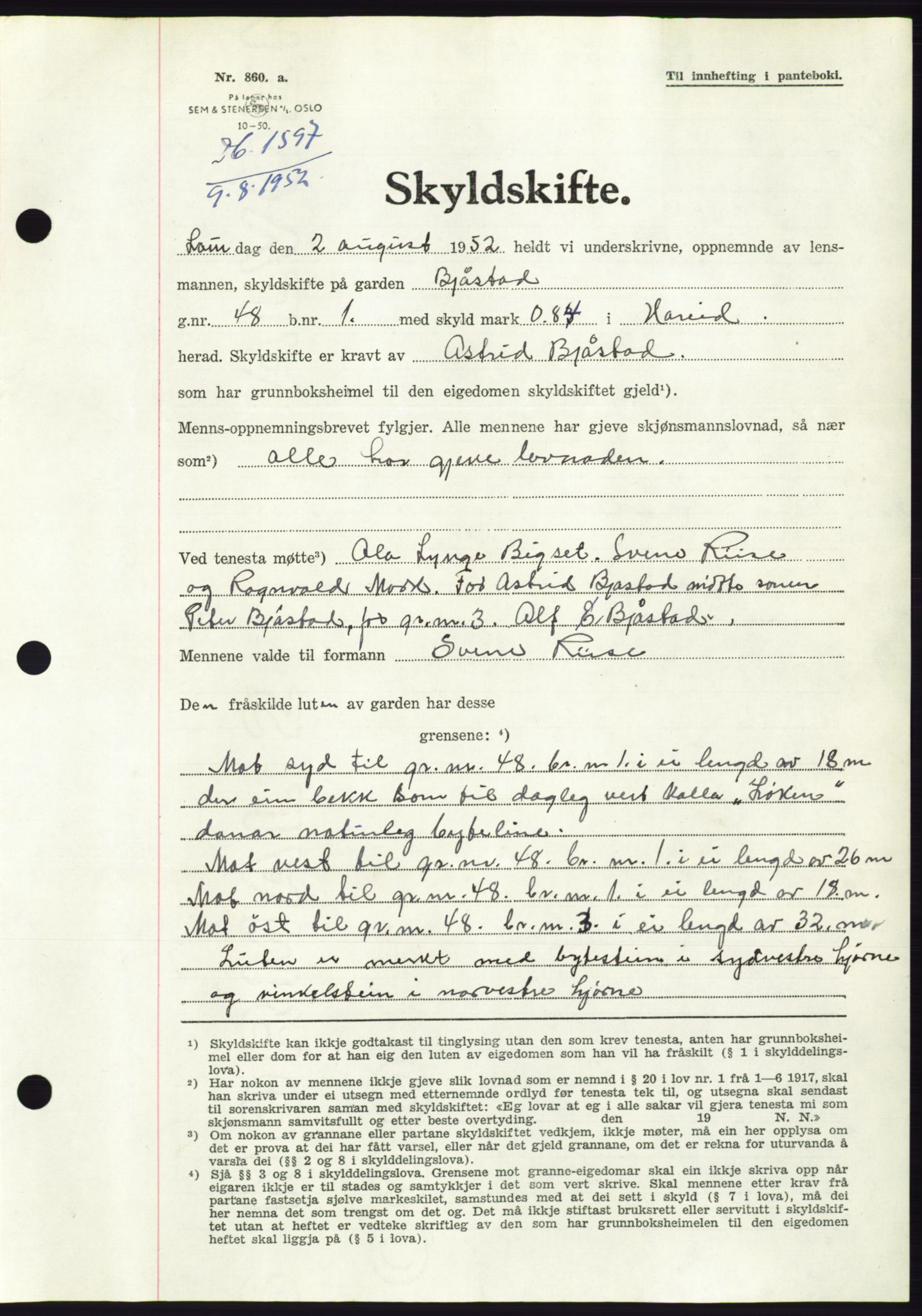 Søre Sunnmøre sorenskriveri, AV/SAT-A-4122/1/2/2C/L0092: Pantebok nr. 18A, 1952-1952, Dagboknr: 1597/1952