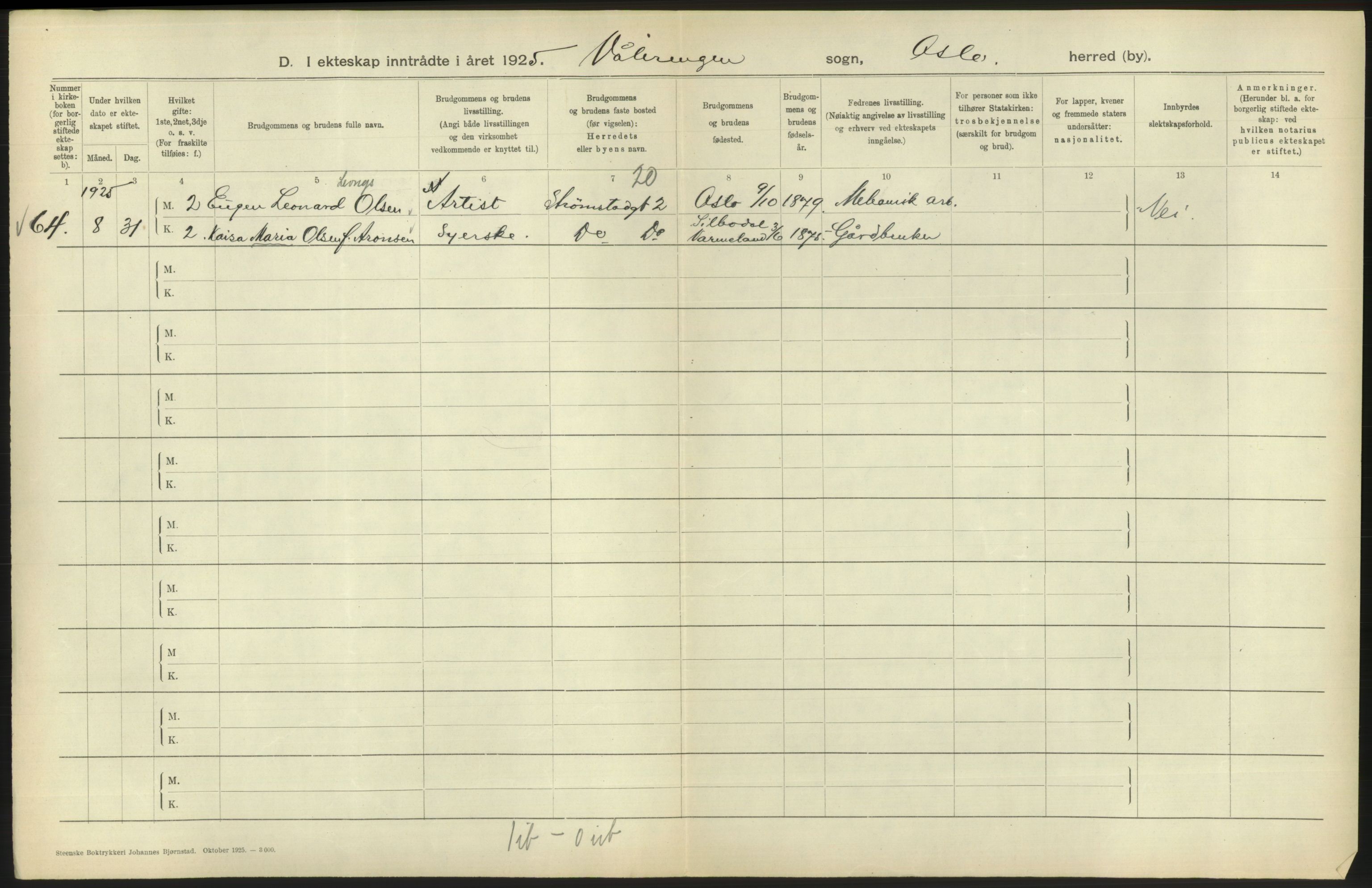 Statistisk sentralbyrå, Sosiodemografiske emner, Befolkning, RA/S-2228/D/Df/Dfc/Dfce/L0008: Oslo: Gifte, 1925, s. 540