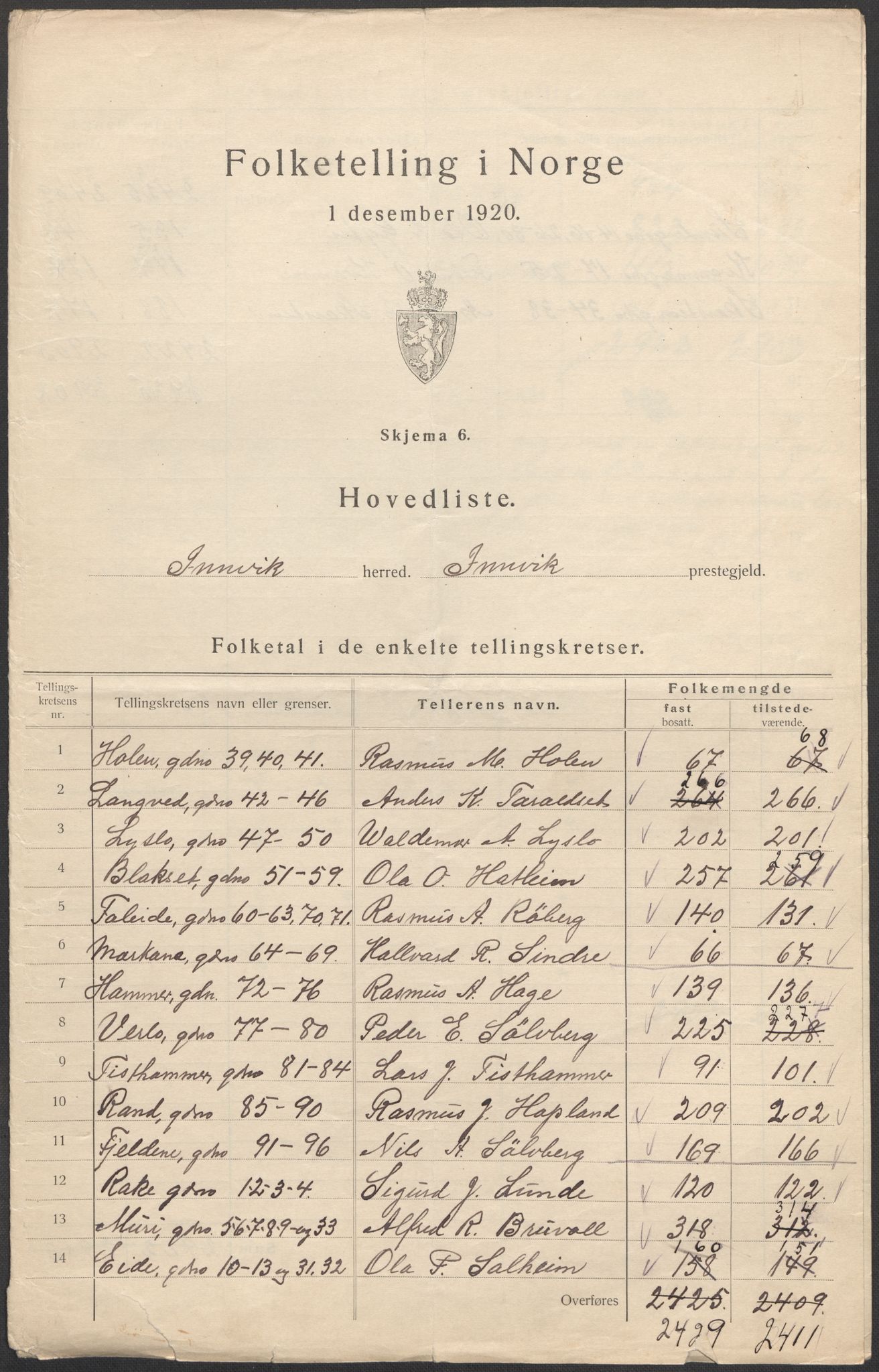 SAB, Folketelling 1920 for 1447 Innvik herred, 1920, s. 2